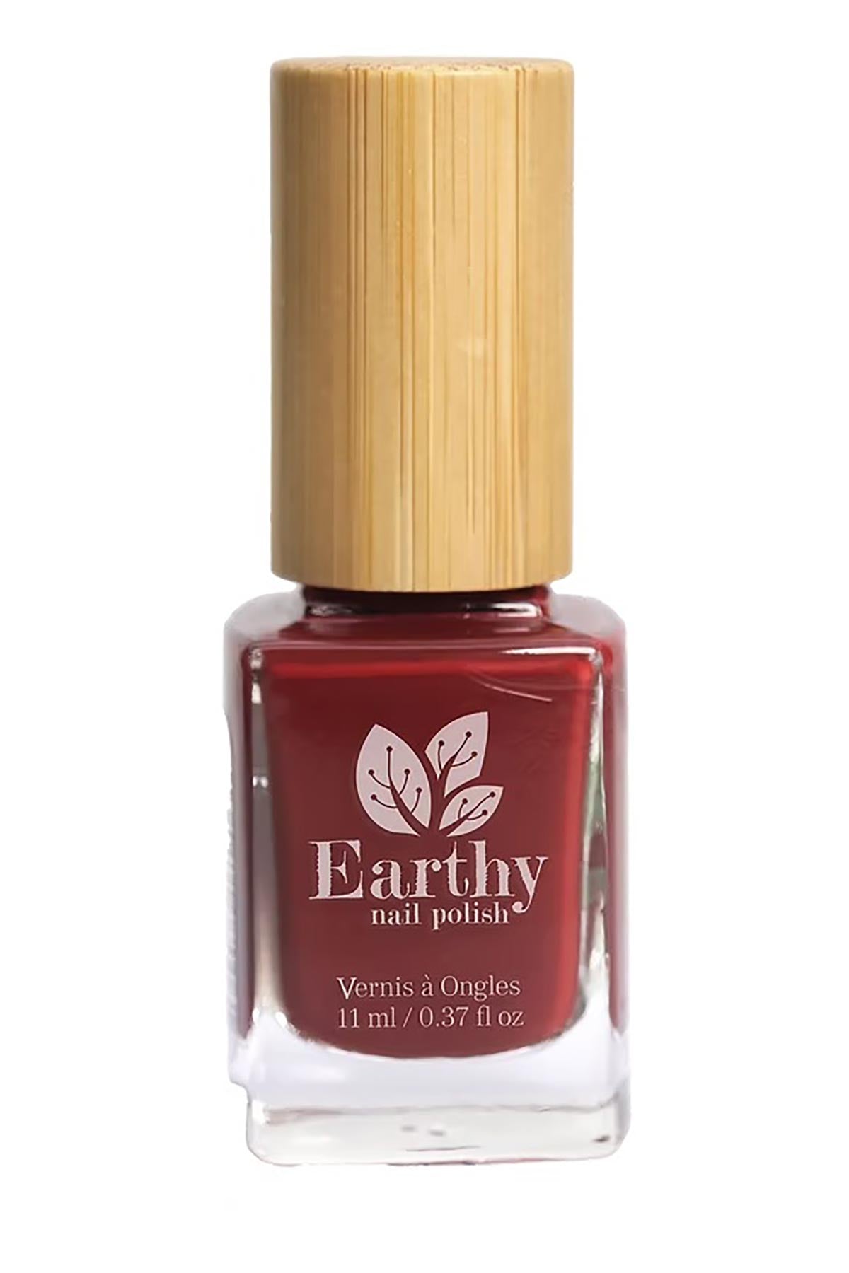 Earthy Ruby Red Nail Polish bottle with bamboo lid