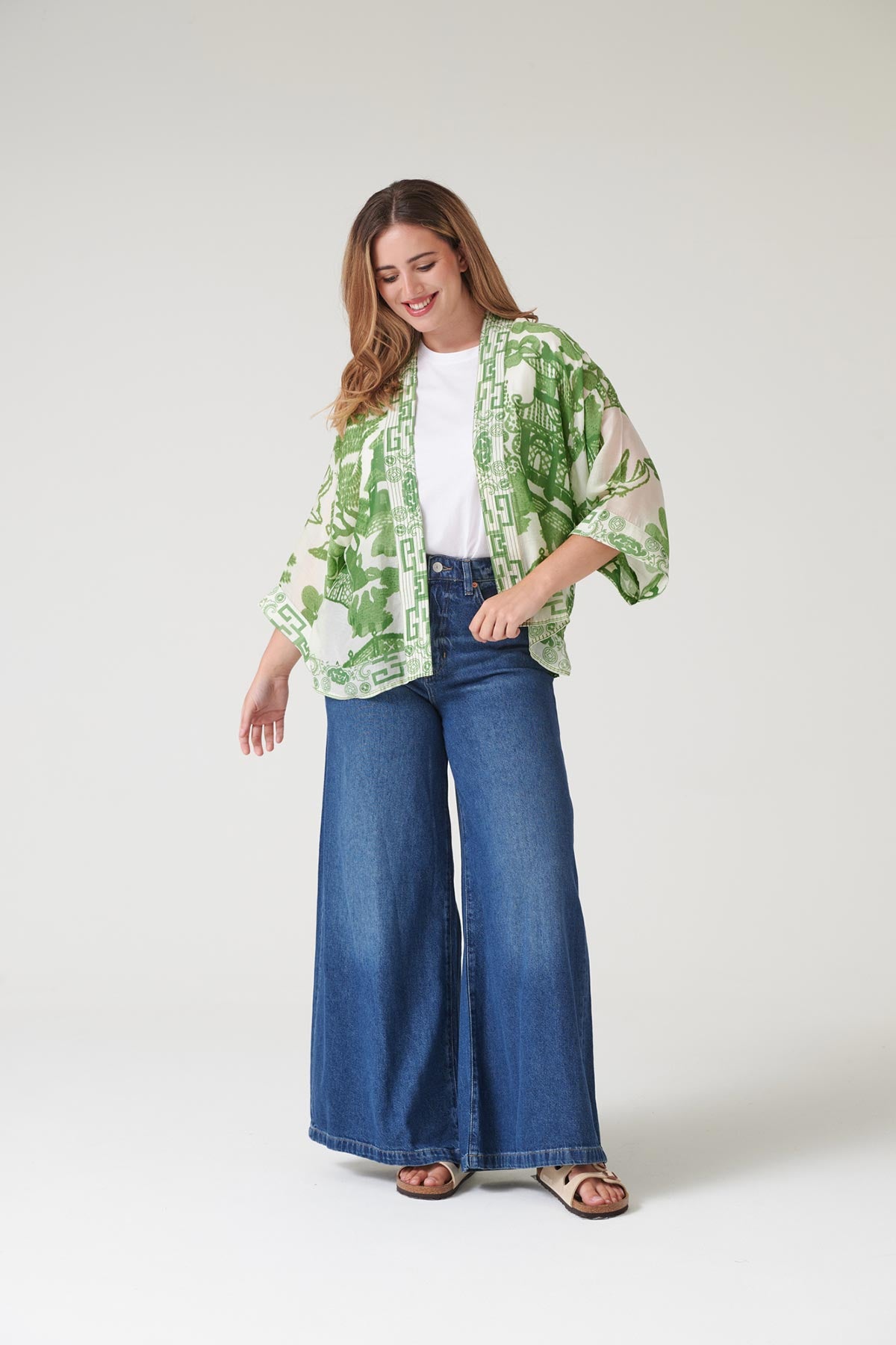 Green willow print modal and cupro kimono