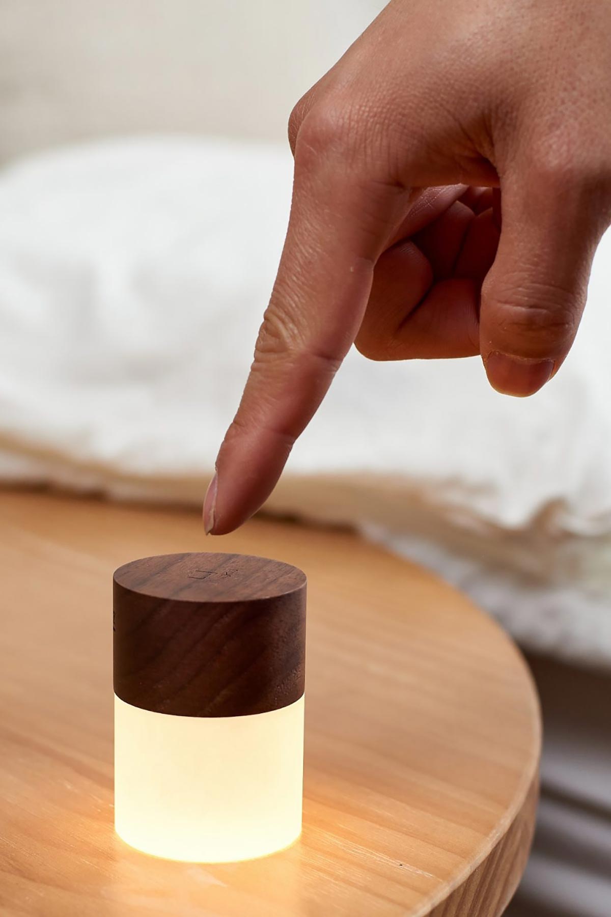 Lemelia Walnut lamp styled on table