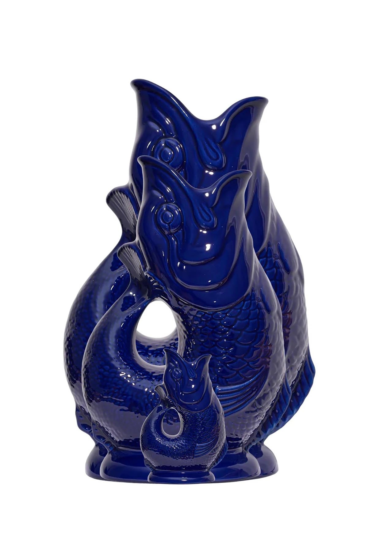 Side view of cobalt blue ceramic Gluggle Jug with smooth glazed finish