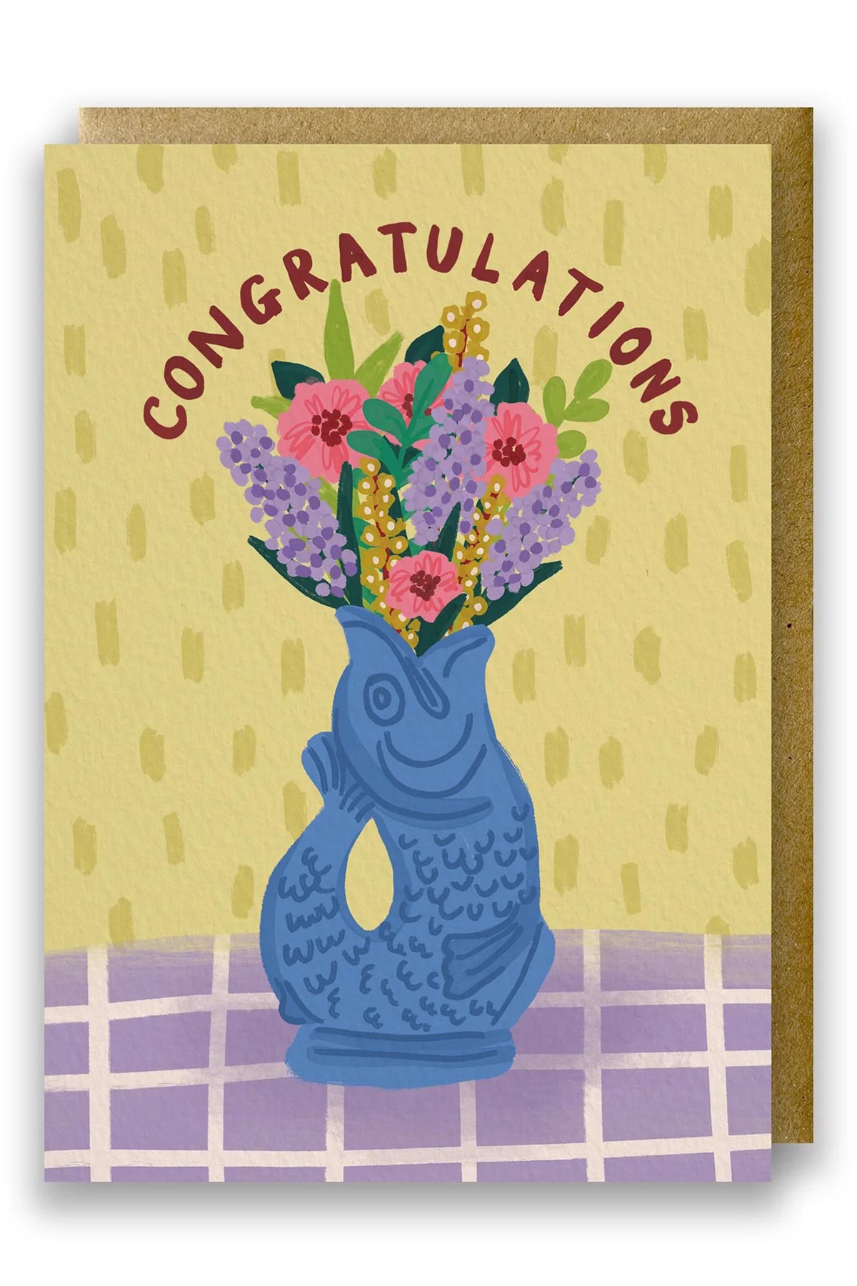 Congratulations card featuring blue Gluggle Jug with flowers