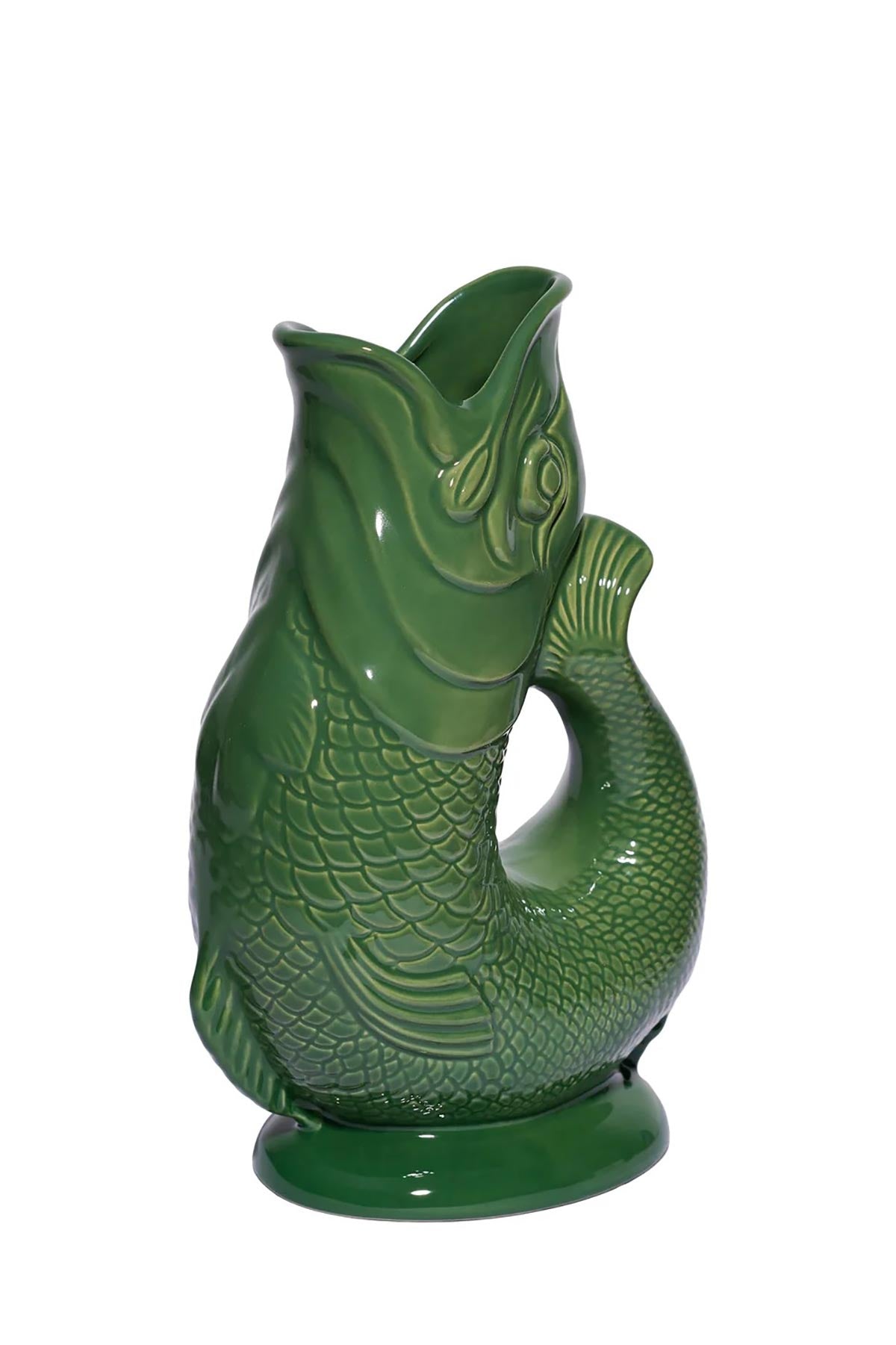 Side view of green ceramic Gluggle Jug with smooth glazed finish