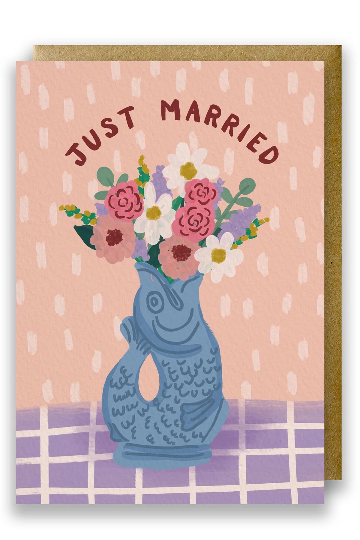 Just Married card with blue Gluggle Jug and pastel bouquet
