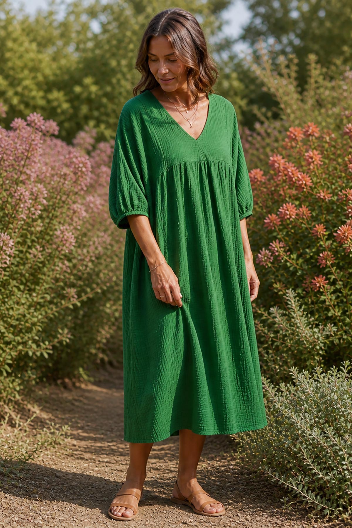 Relaxed fit green cotton midi dress detail view by Urban Wild