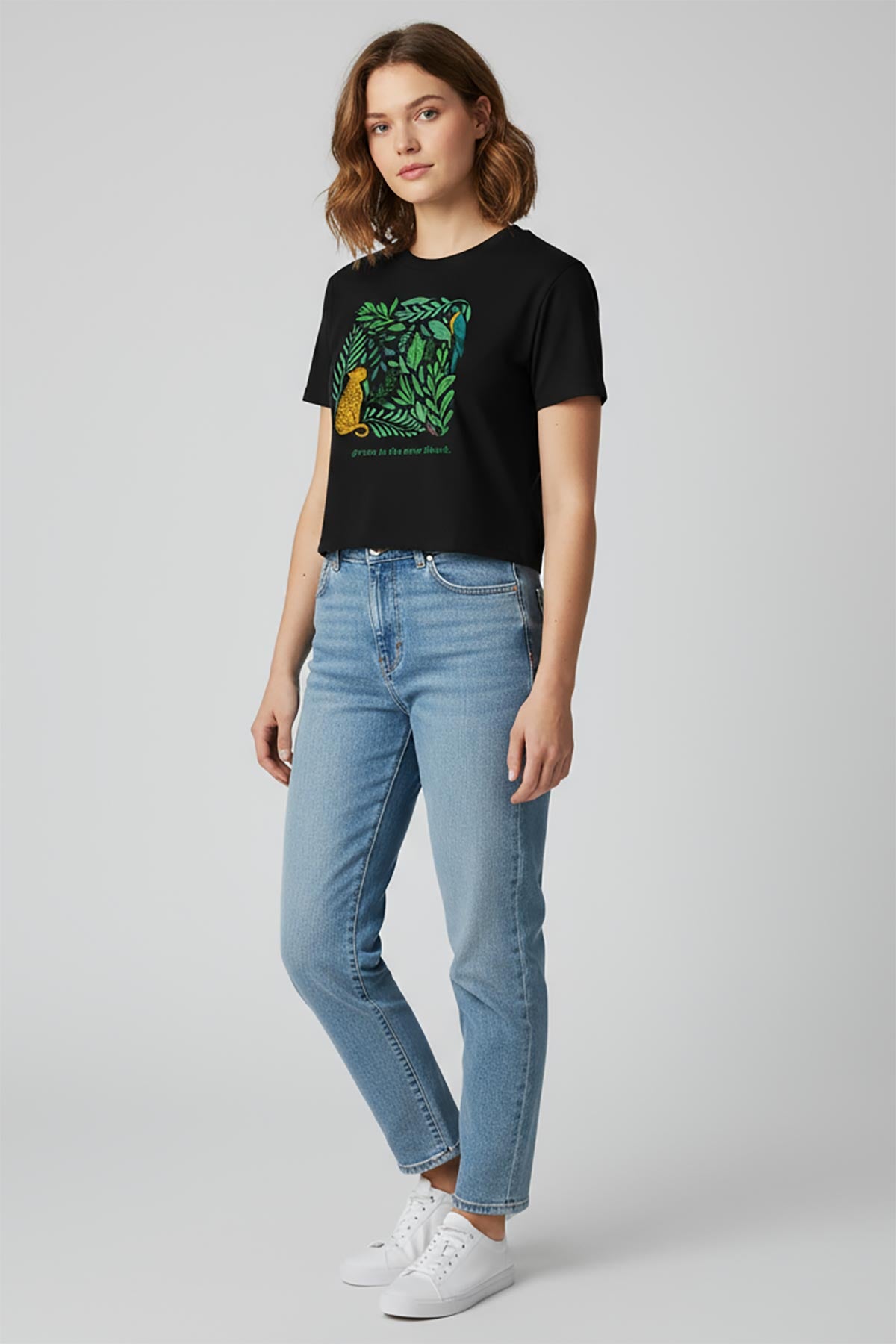 Green Is The New Black Cropped Top styled with jeans – organic cotton black tee