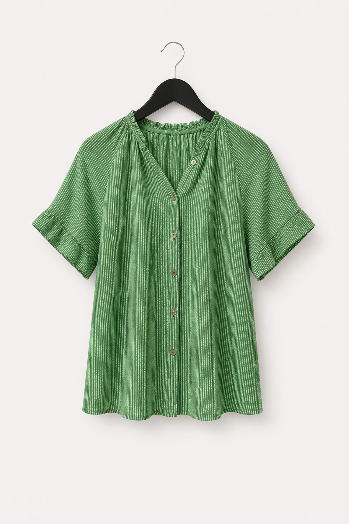 Green stripe cotton gypsy top with frill sleeves by Urban Wild