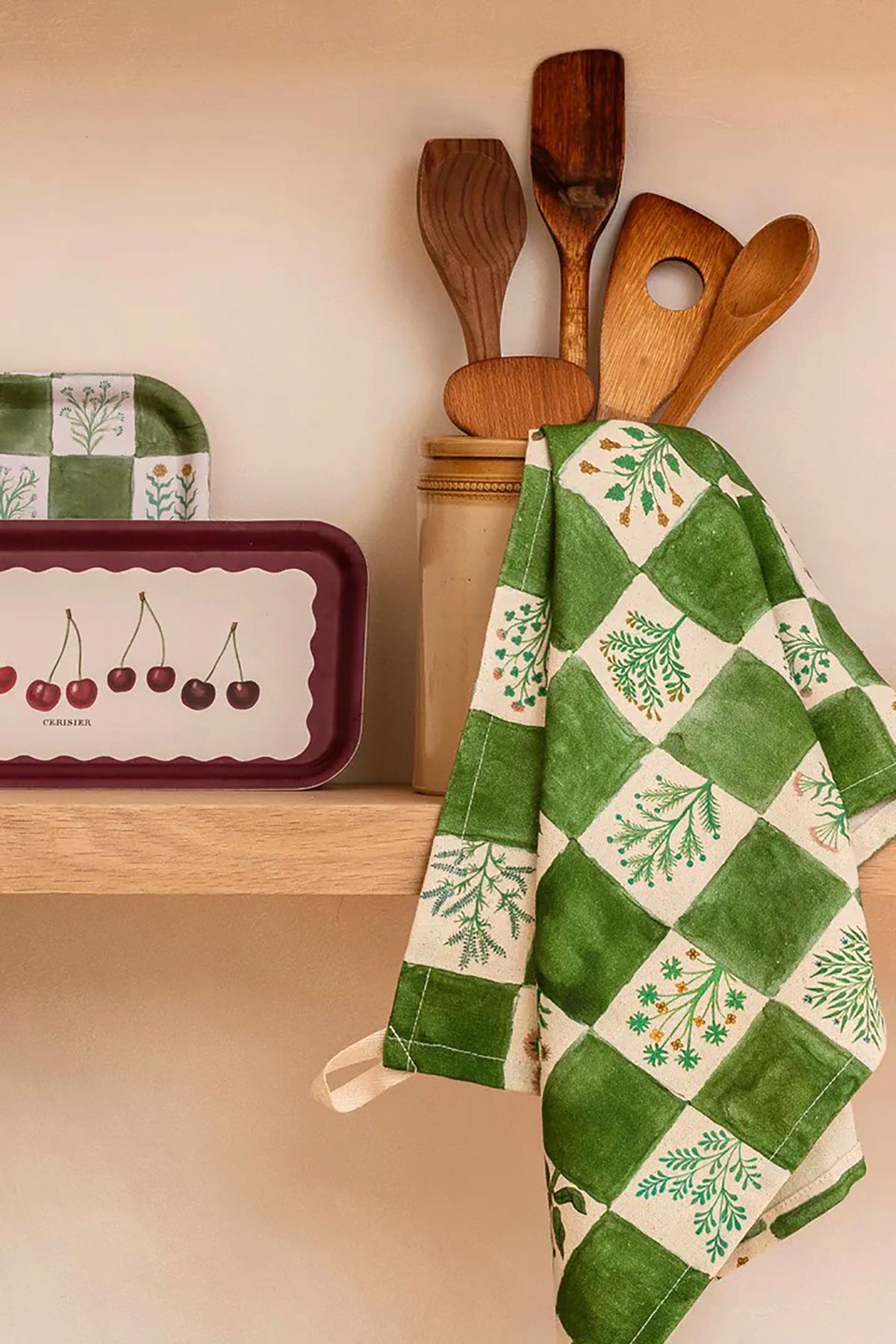Roomytown tea towel styled in kitchen