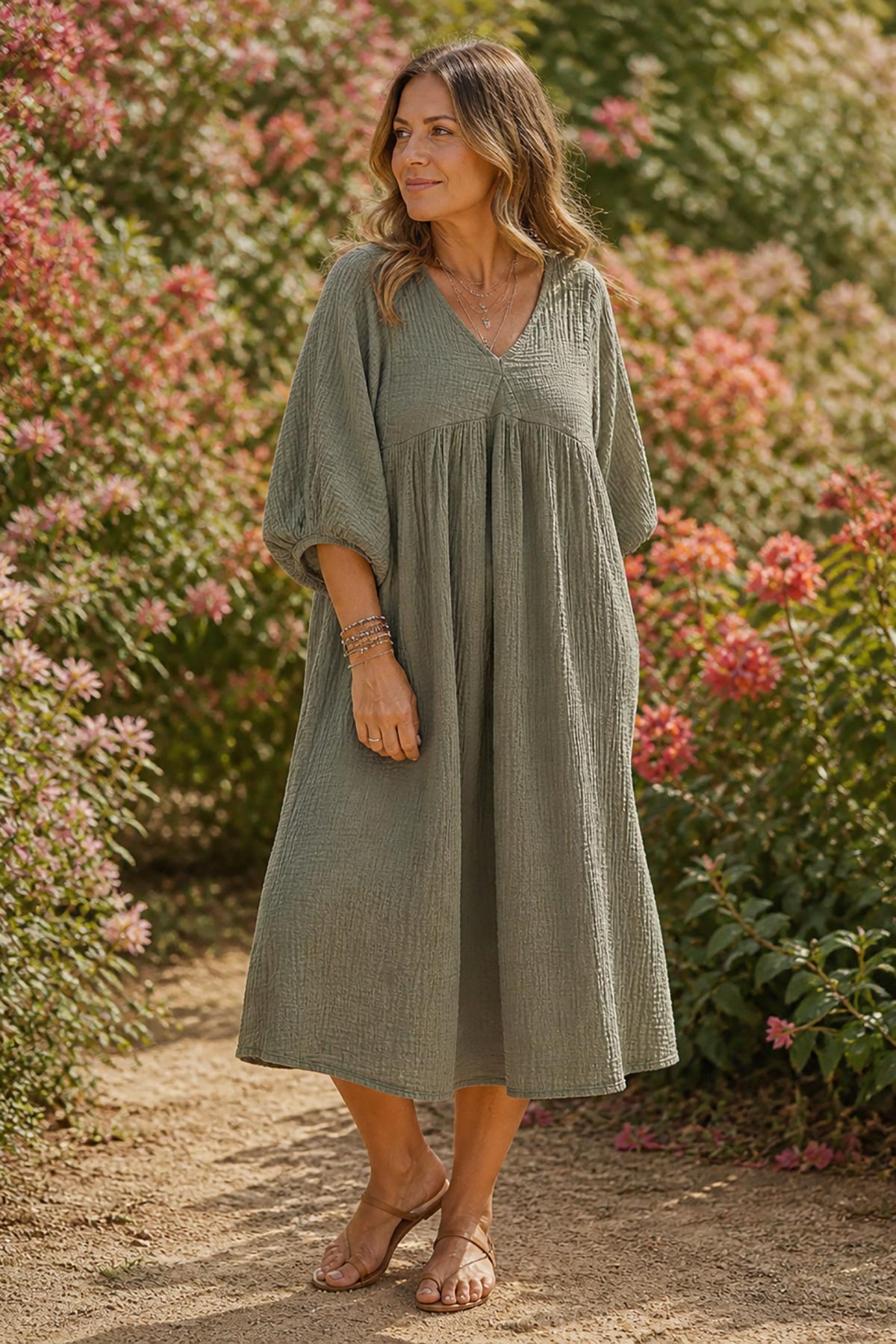 Detail view of relaxed fit khaki cotton midi dress by Urban Wild