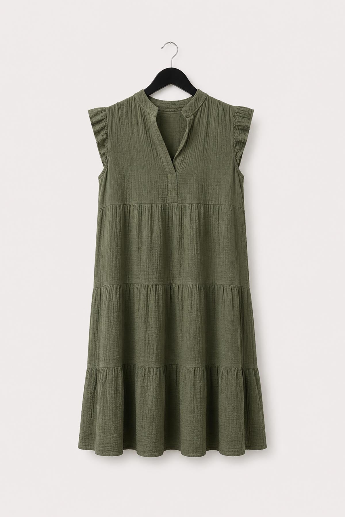 Khaki cotton tiered dress with soft frill sleeve detail by Urban Wild