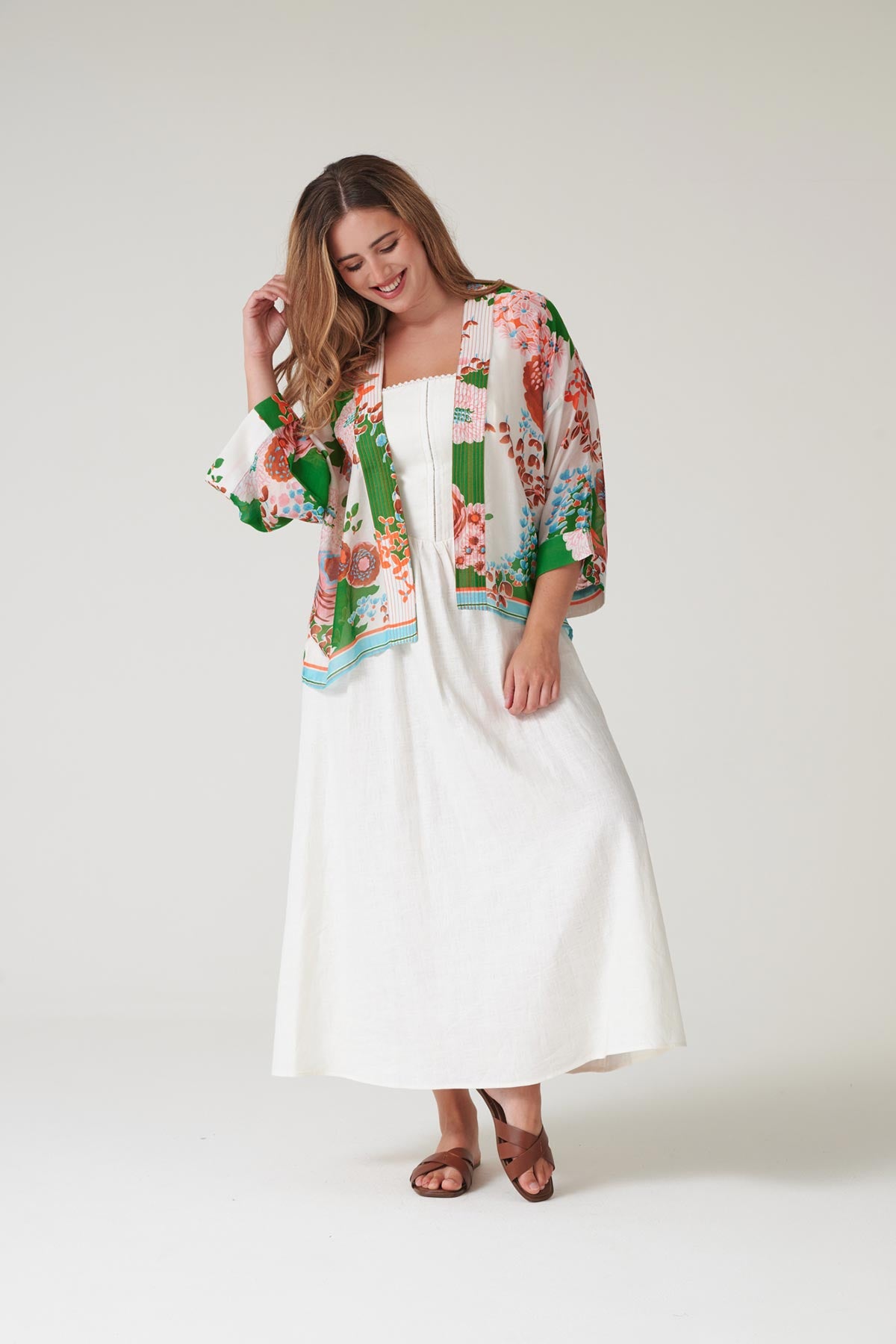 Elegant draped green fashion kimono