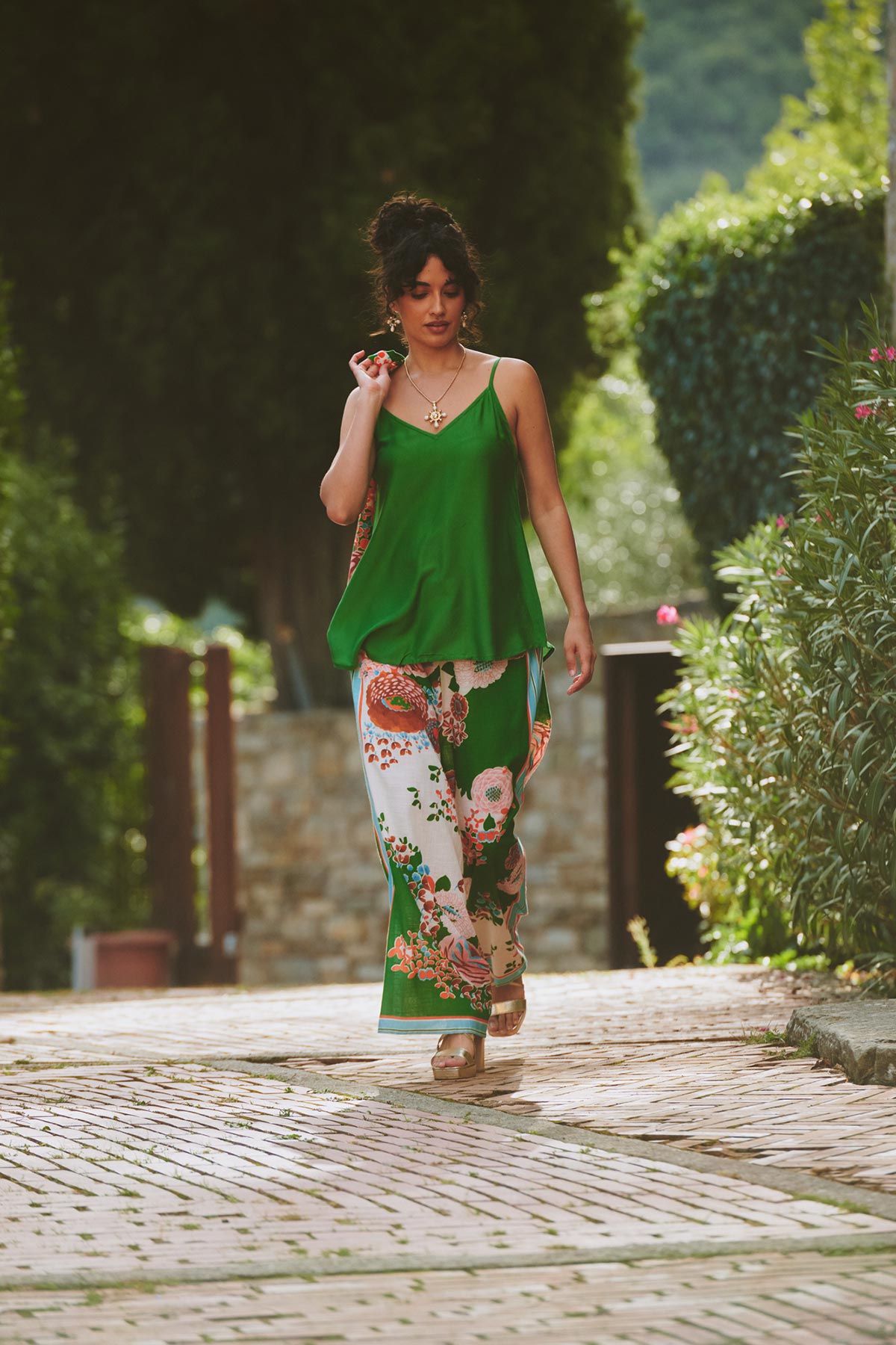 Bold botanical print palazzo pants