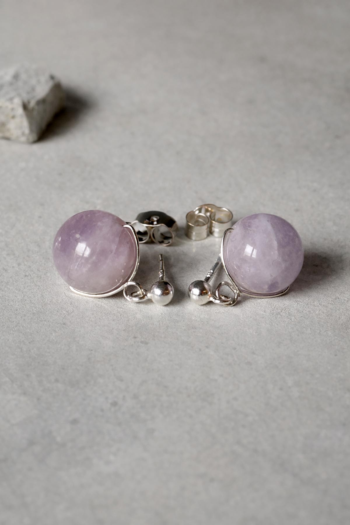 Lavender amethyst stud earrings detail view