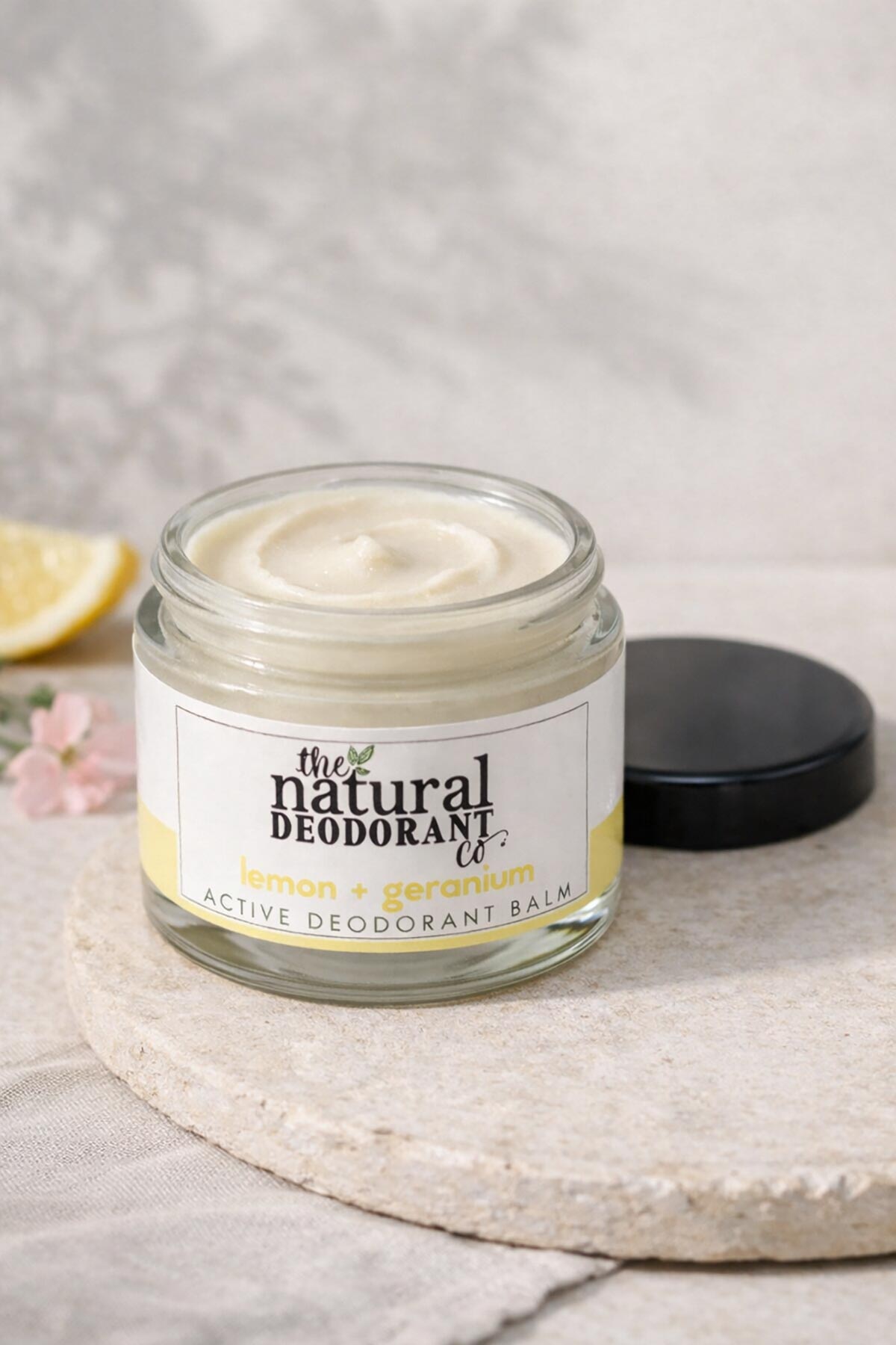 Texture of lemon and geranium natural deodorant balm