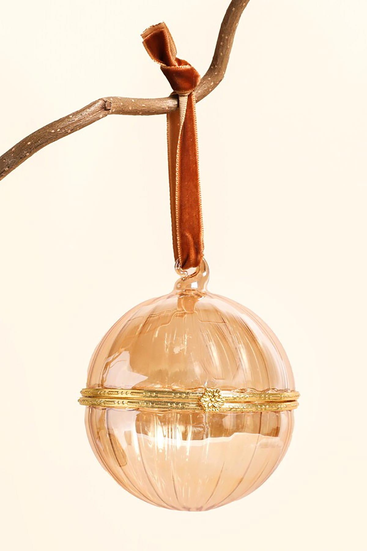 Lisa Angel Amber Glass Gold Secret Opening Bauble hanging on Christmas tree