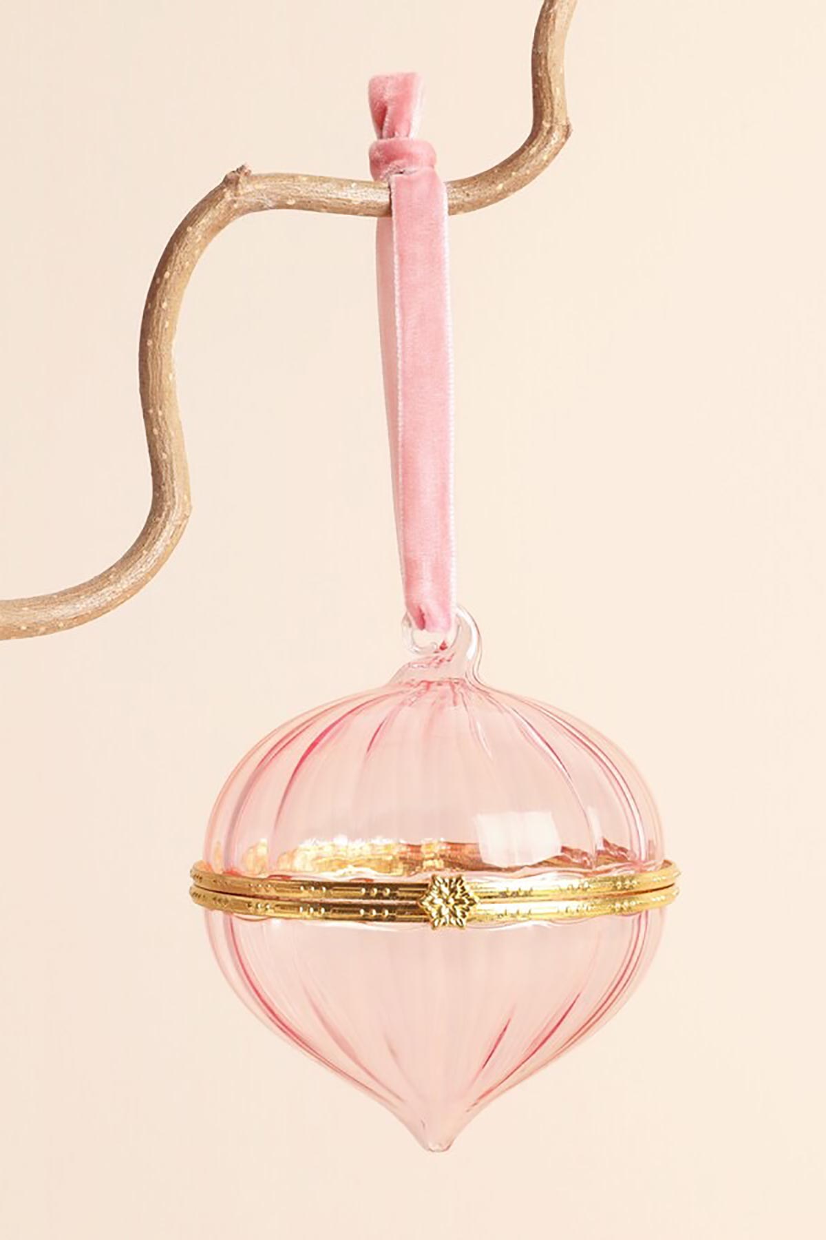 Lisa Angel Pink Glass Gold Secret Opening Bauble hanging on tree