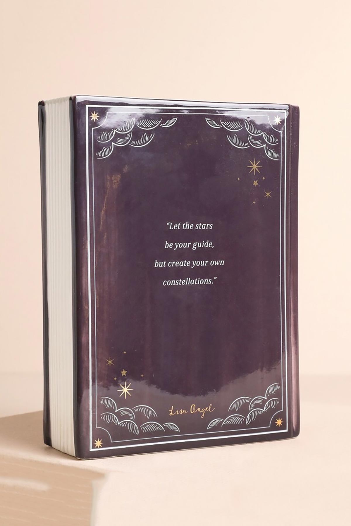 Lisa Angel Purple Ceramic Celestial Book Vase with gold stars and moon design back view