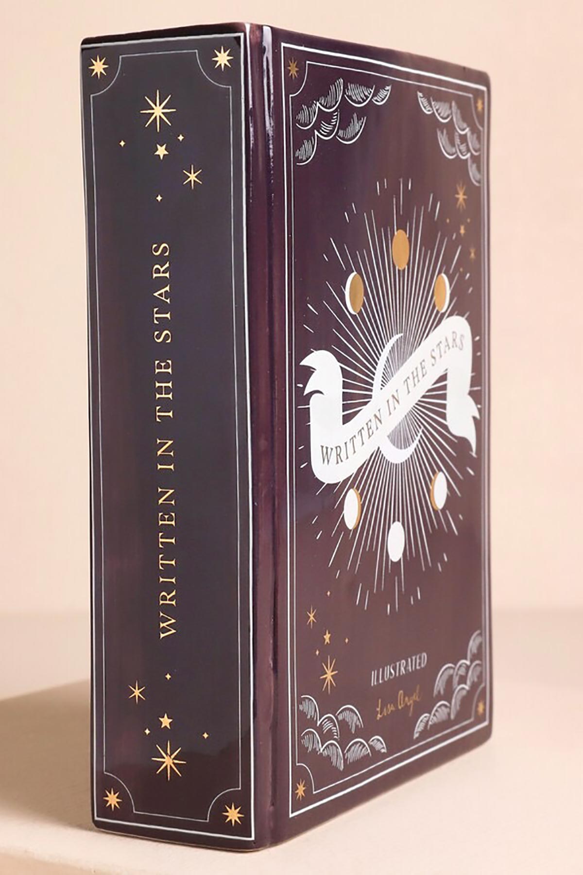 Lisa Angel Purple Ceramic Celestial Book Vase with gold stars and moon design side view