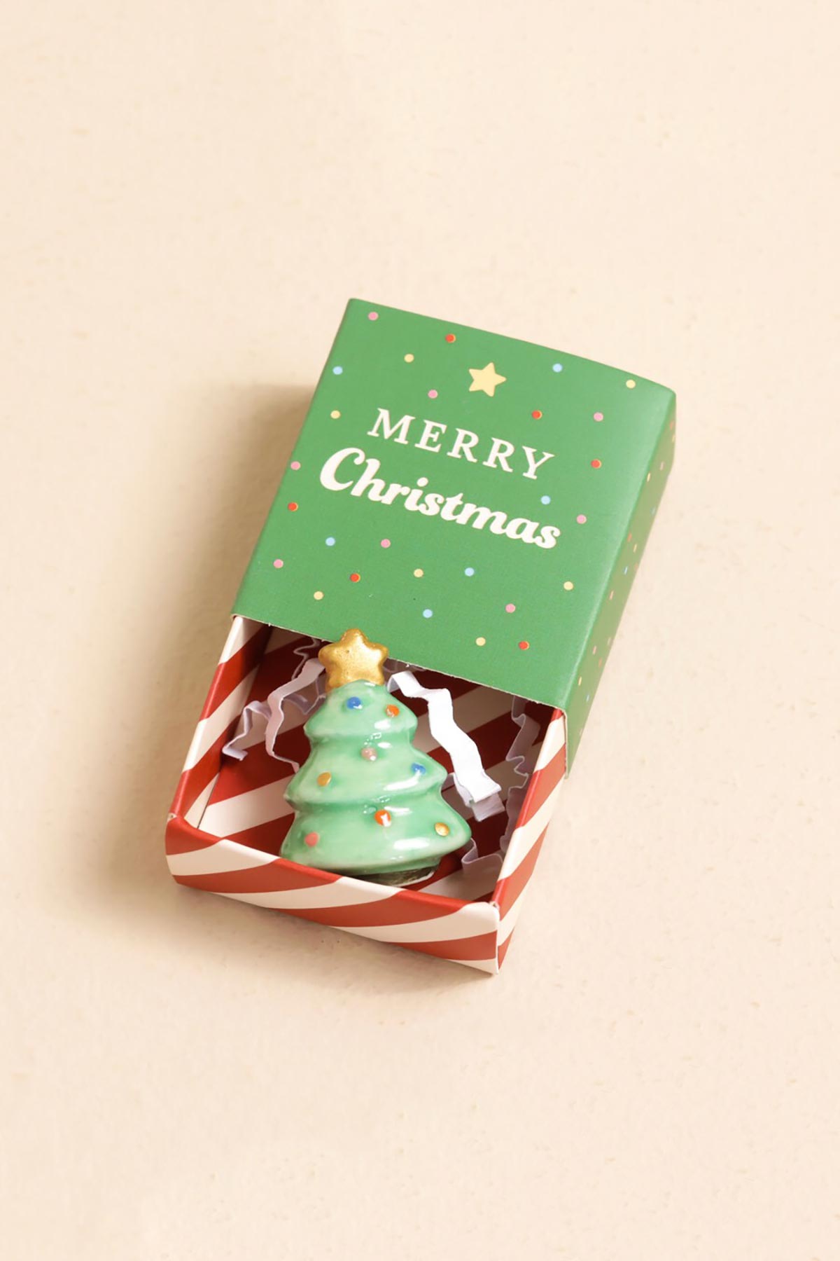 Lisa Angel Tiny Matchbox Ceramic Token Christmas Tree in open matchbox