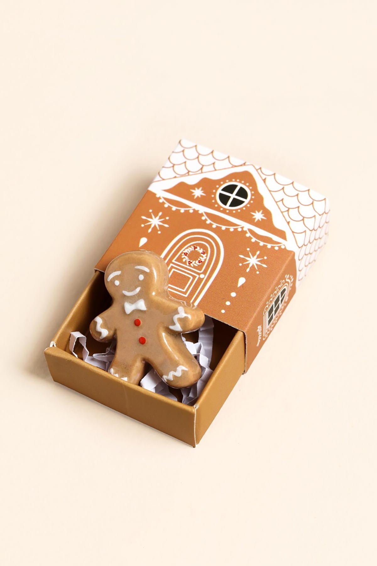 Lisa Angel Tiny Matchbox Ceramic Token Gingerbread Man in open matchbox