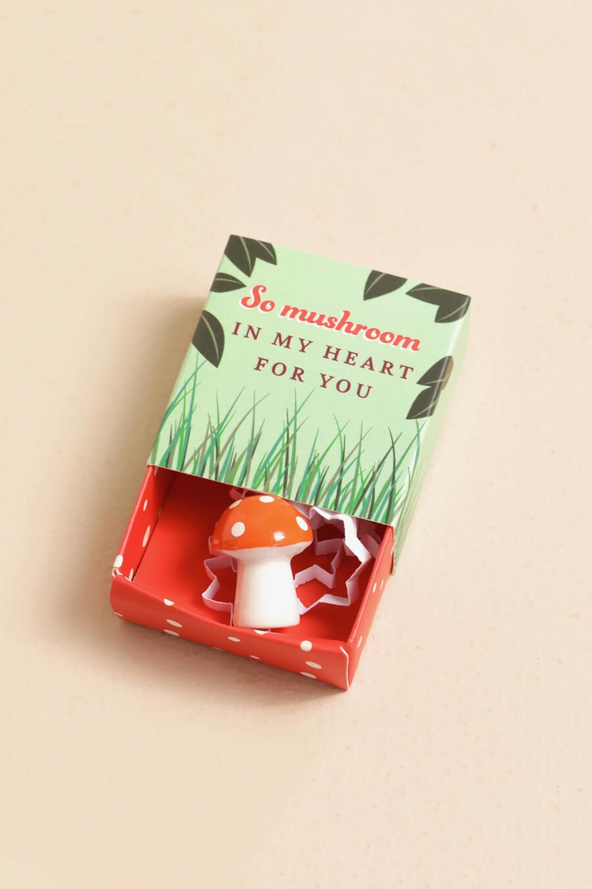 Lisa Angel Tiny Matchbox Ceramic Token Mushroom in open matchbox