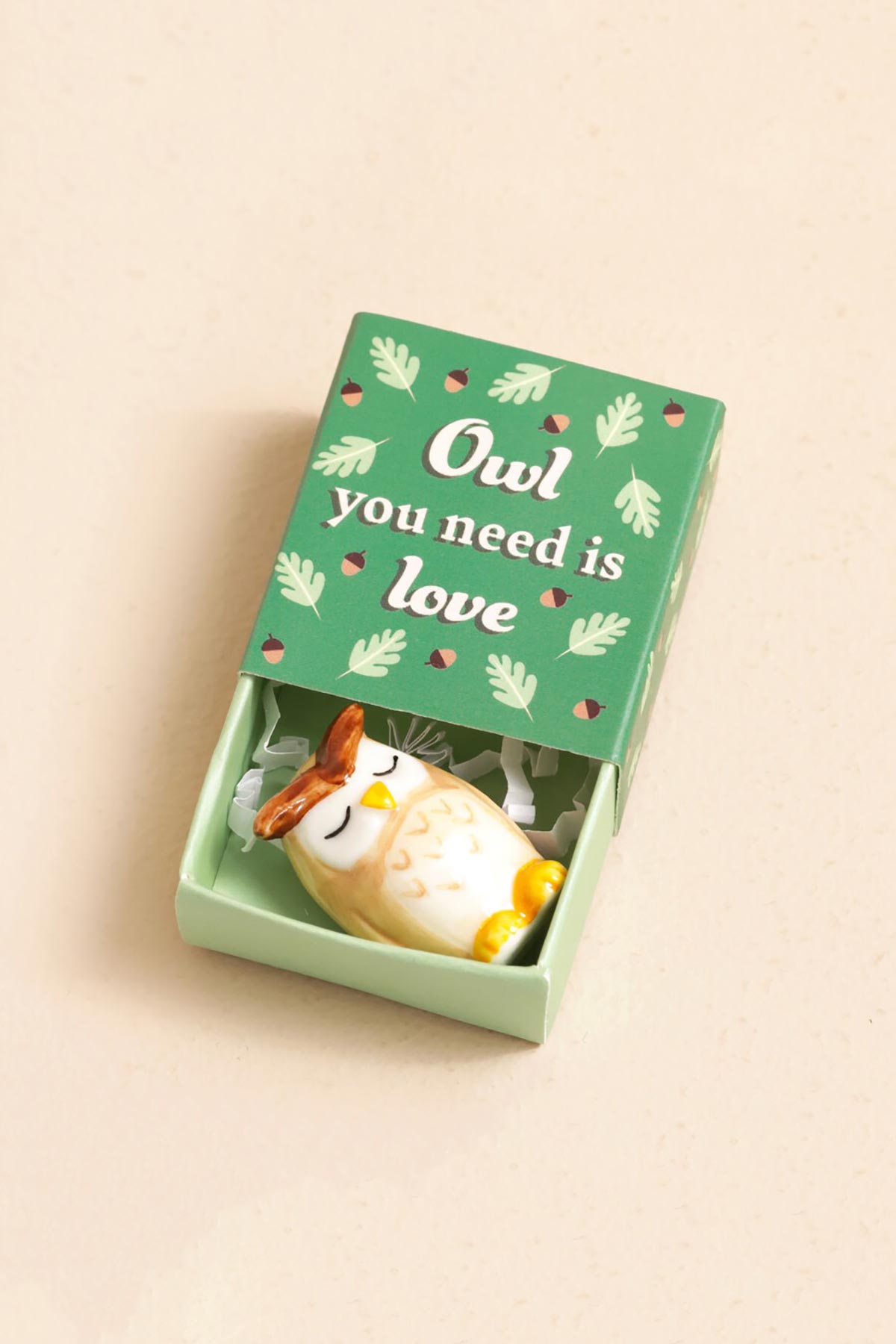 Lisa Angel Tiny Matchbox Ceramic Token Owl in open matchbox