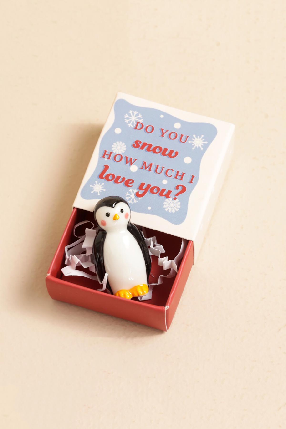 Lisa Angel Tiny Matchbox Ceramic Token Penguin in open matchbox