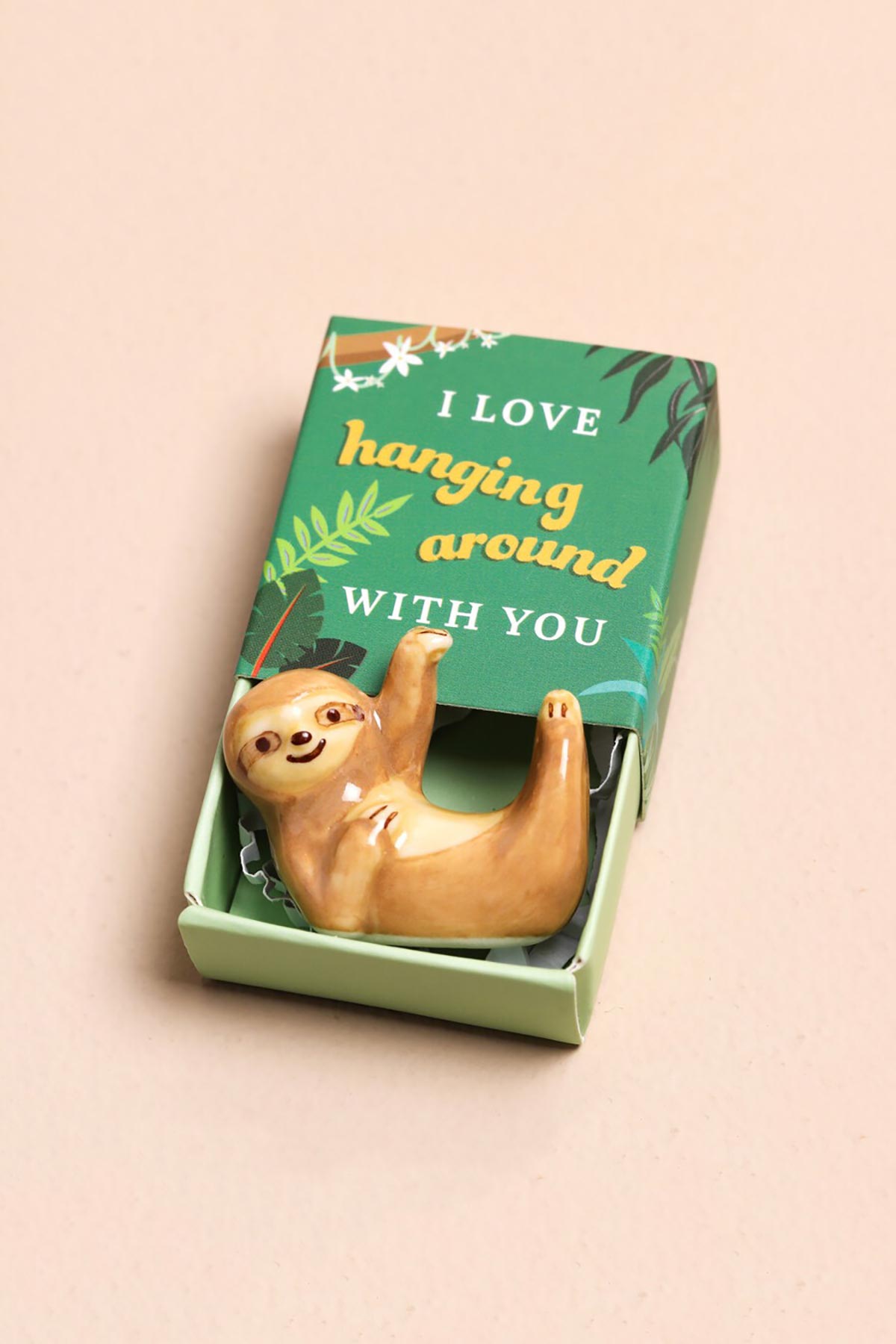 Lisa Angel Tiny Matchbox Ceramic Token Sloth in open matchbox