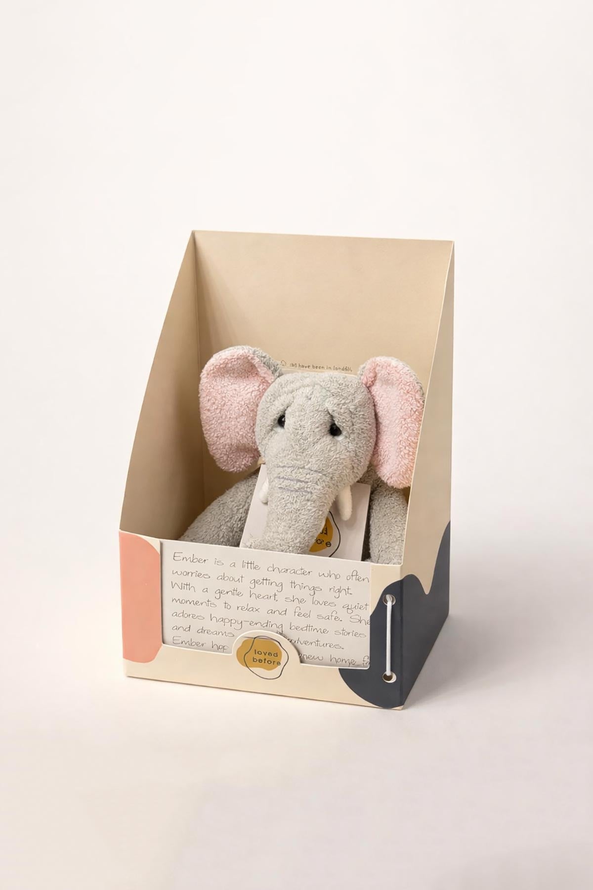 Ember pre-loved elephant soft toy by Loved Before in presentation box at Urban Wild.