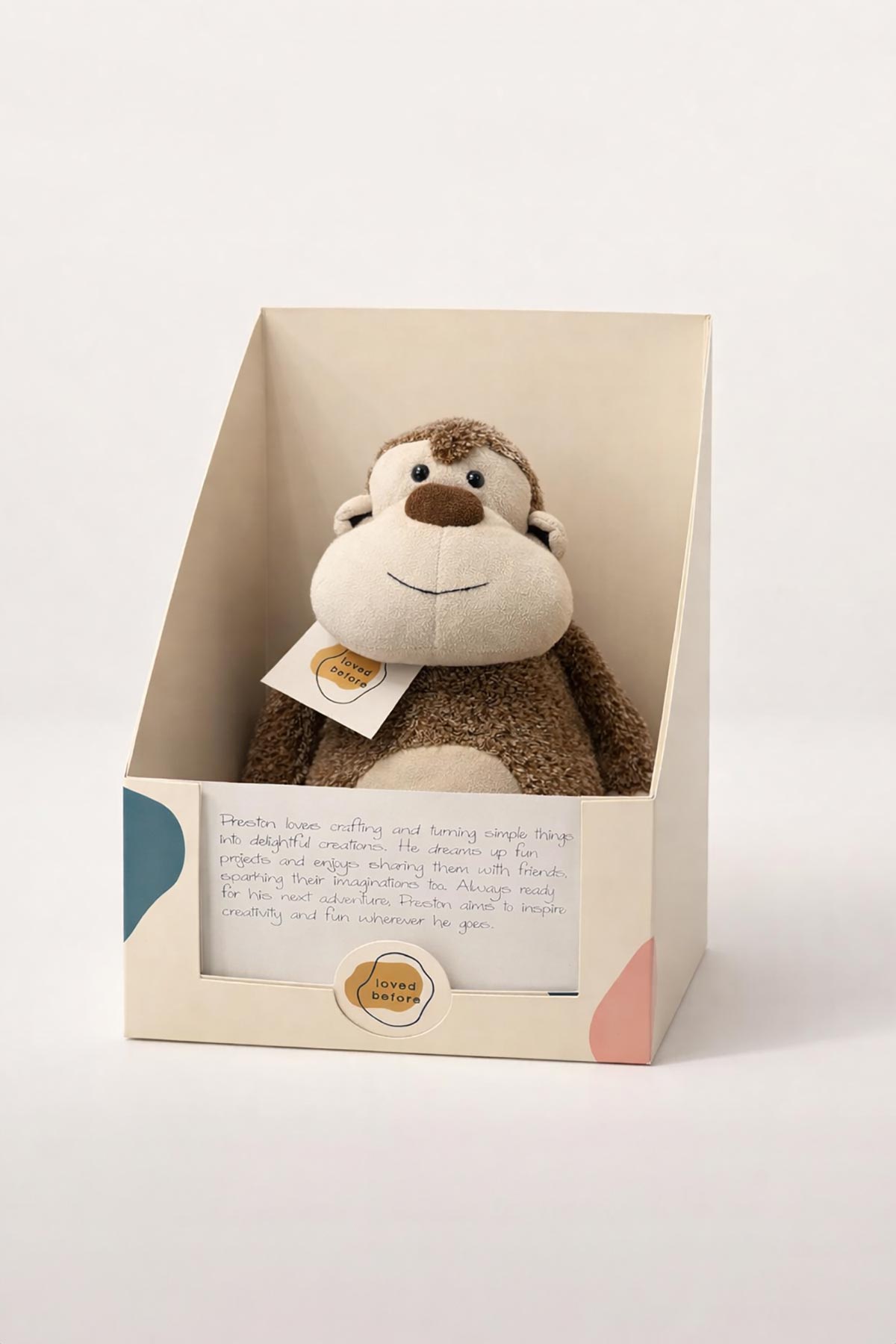 Preston pre-loved monkey soft toy by Loved Before in presentation box at Urban Wild.