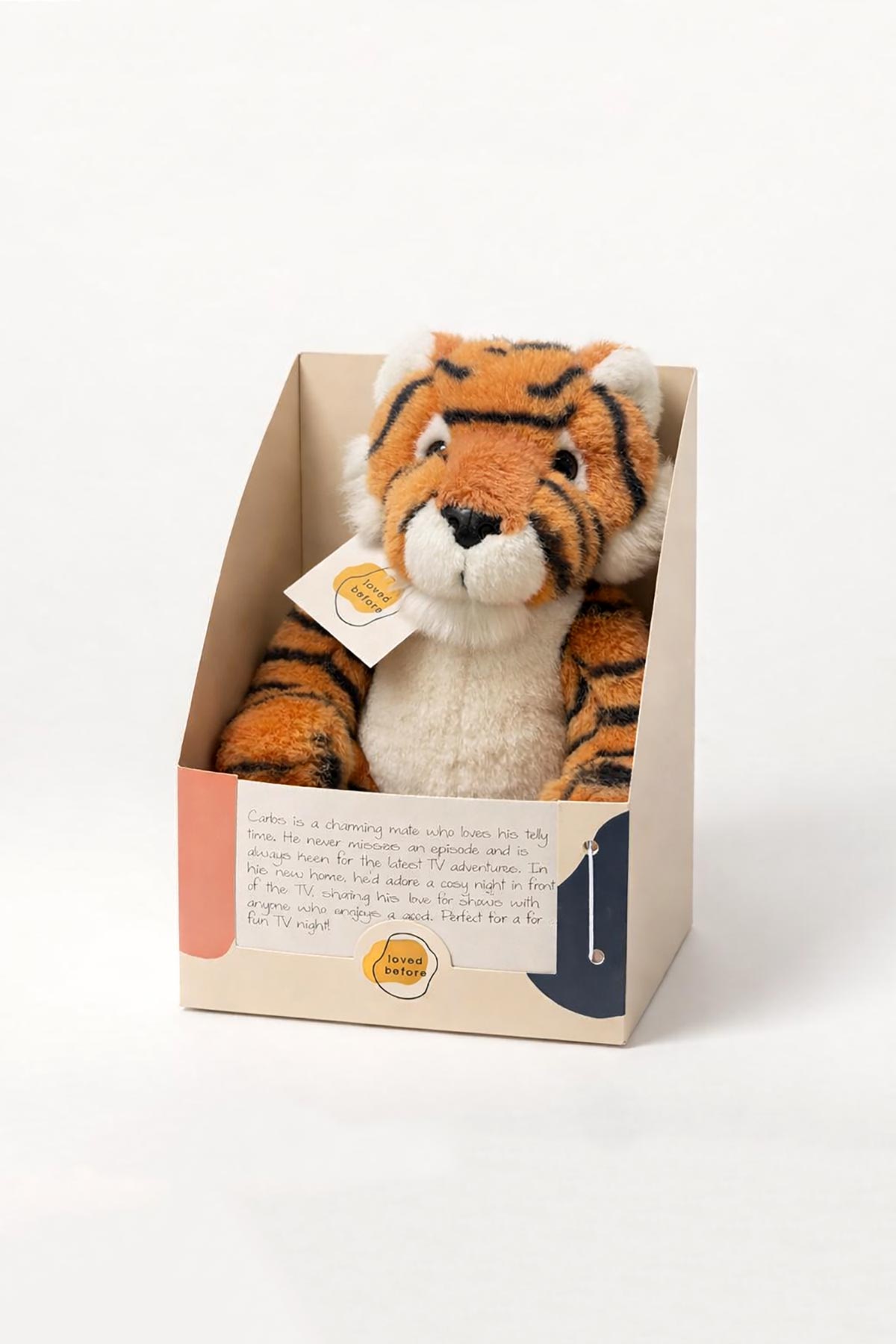 Carlos pre-loved tiger soft toy by Loved Before in presentation box at Urban Wild.