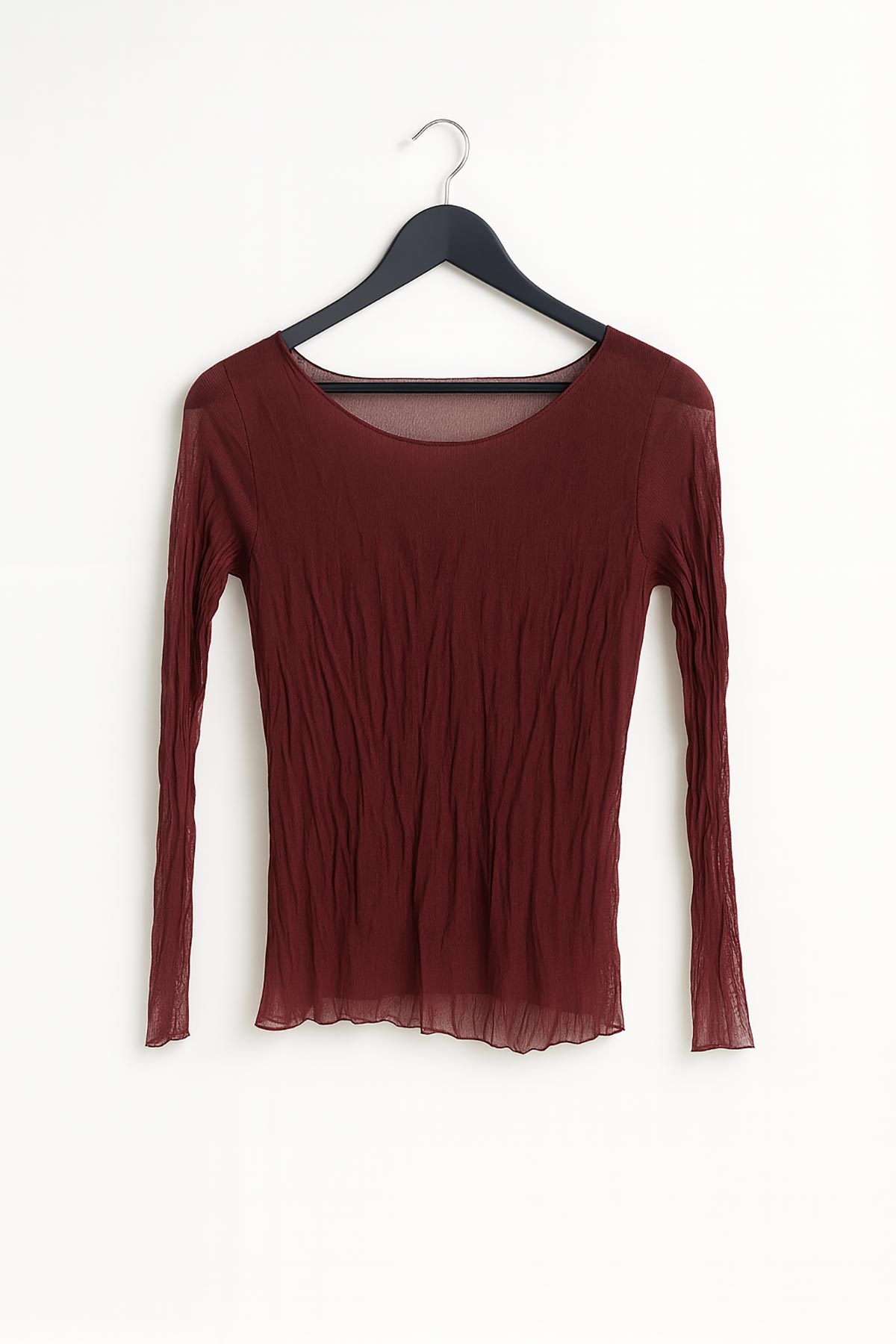 Close-up of Luna Sheer Crinkle Layered Top texture and lining detail in burgundy