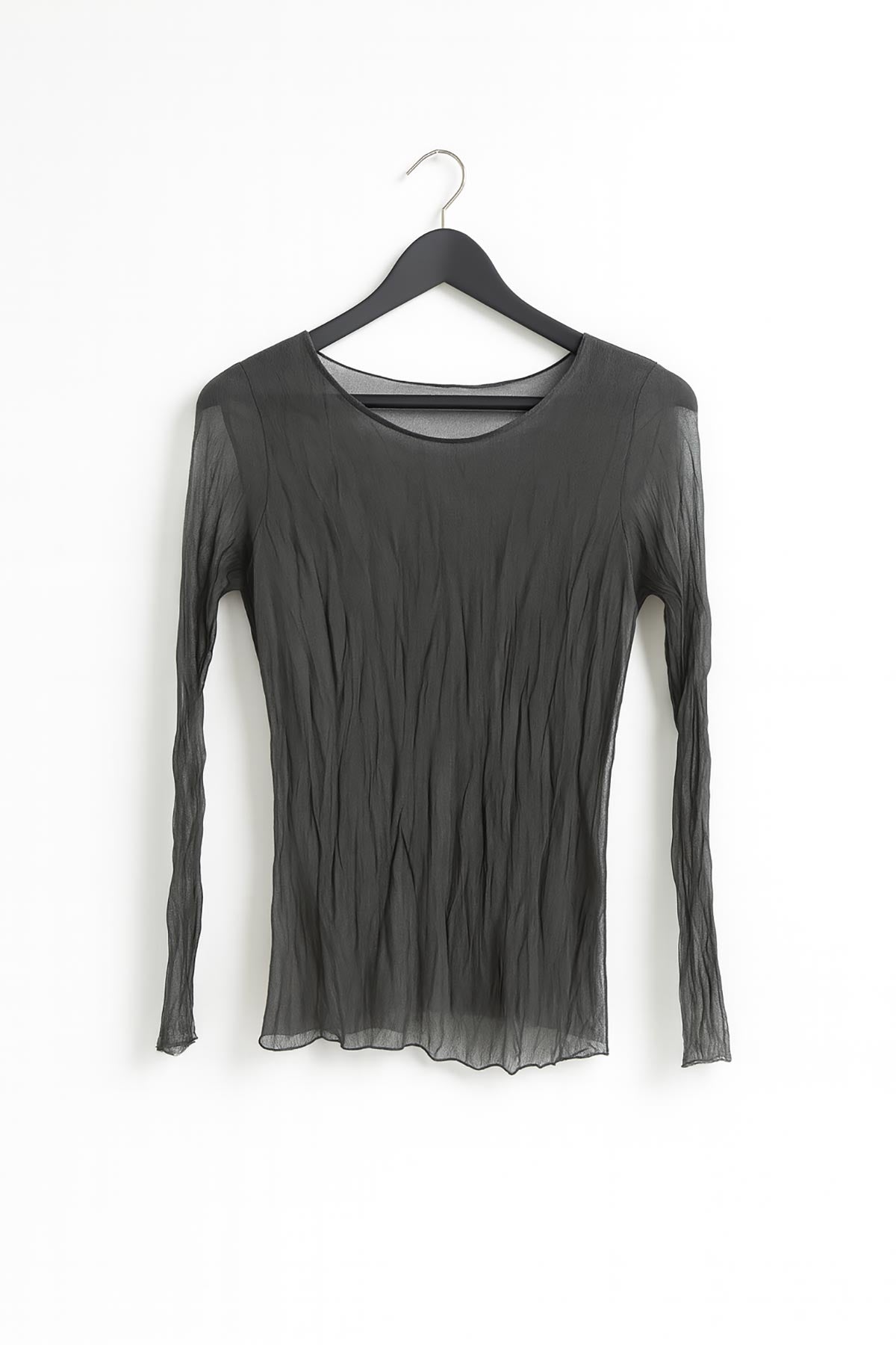 Close-up of Luna Sheer Crinkle Layered Top texture and lining detail in grey