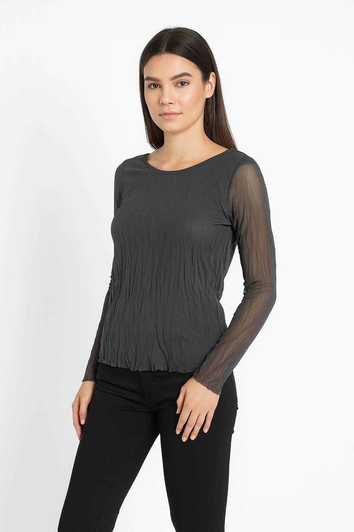 Luna Sheer Crinkle Layered Top in grey – made in Italy