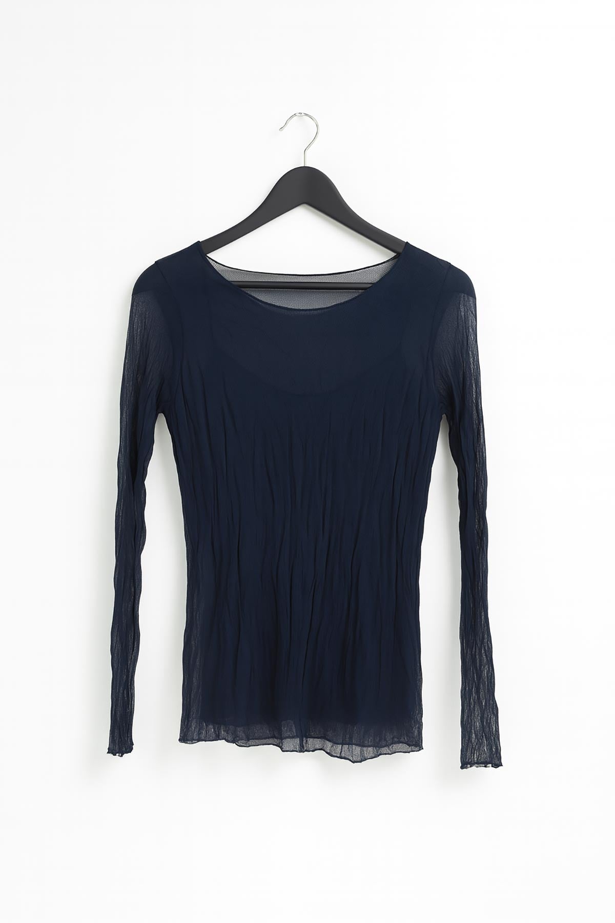 Close-up of Luna Sheer Crinkle Layered Top texture and lining detail in navy