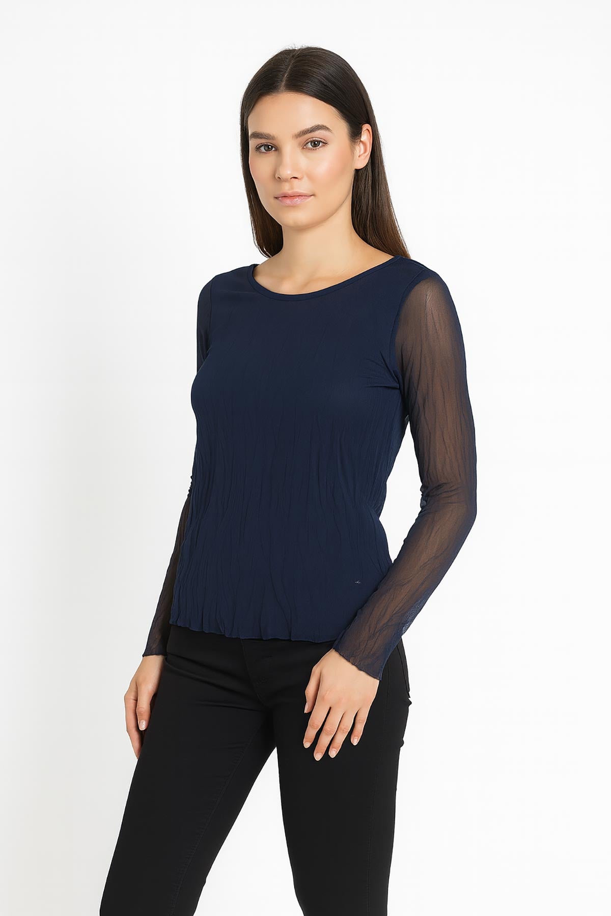 Luna Sheer Crinkle Layered Top in navy – made in Italy