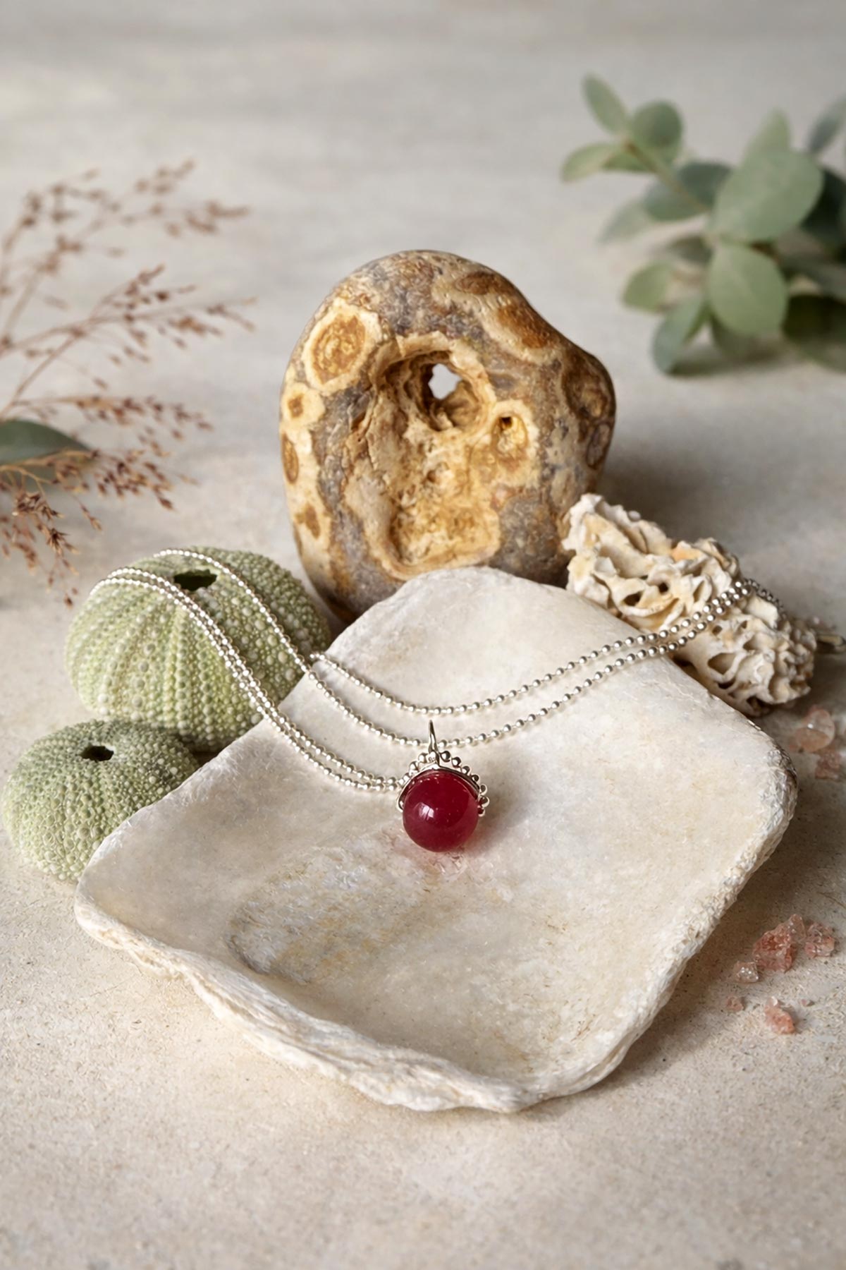 Handmade magenta jade gemstone necklace by Twigs & Stones