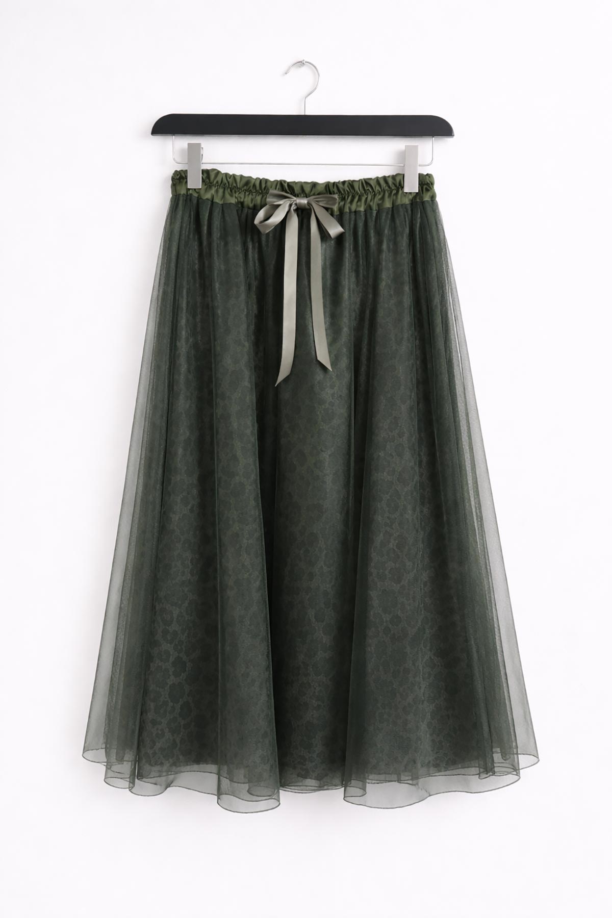 Green leopard print tulle skirt with flowing shape