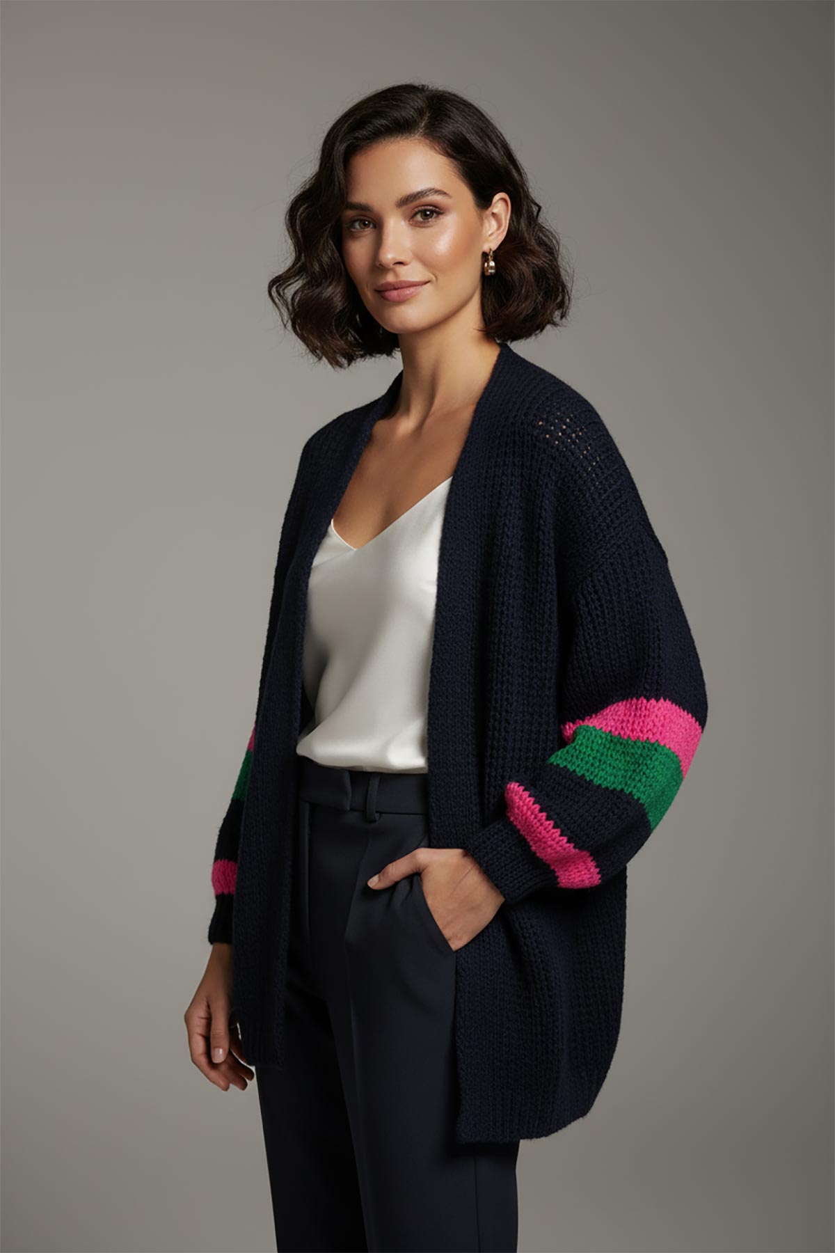 Model wearing Midnight Stripe Chunky Wool Blend Cardigan navy