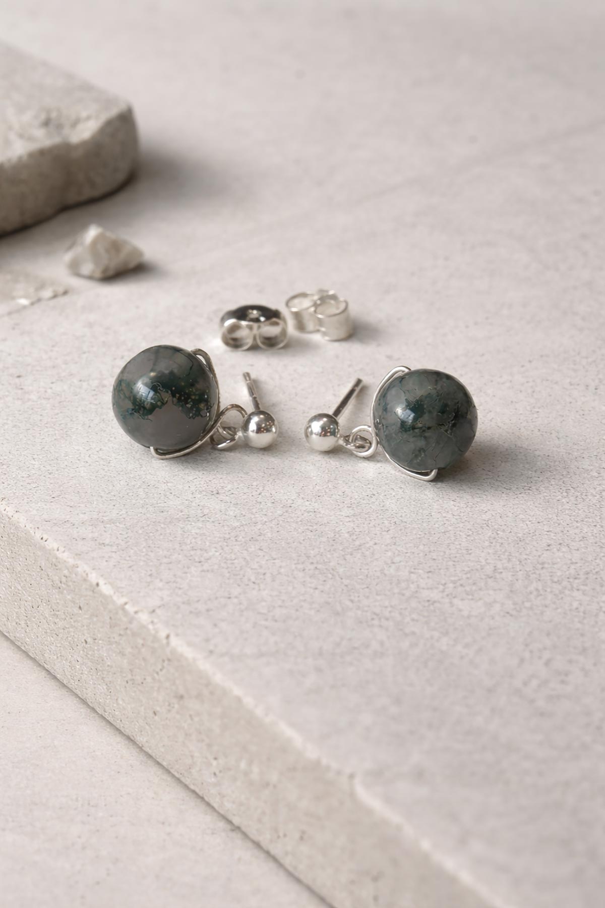 Handmade moss agate stud earrings by Twigs & Stones