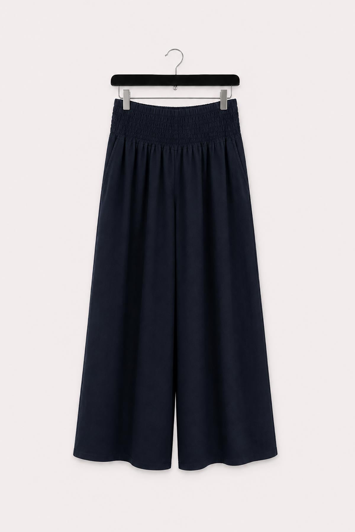 Navy linen palazzo trousers with shirred waist by Urban Wild