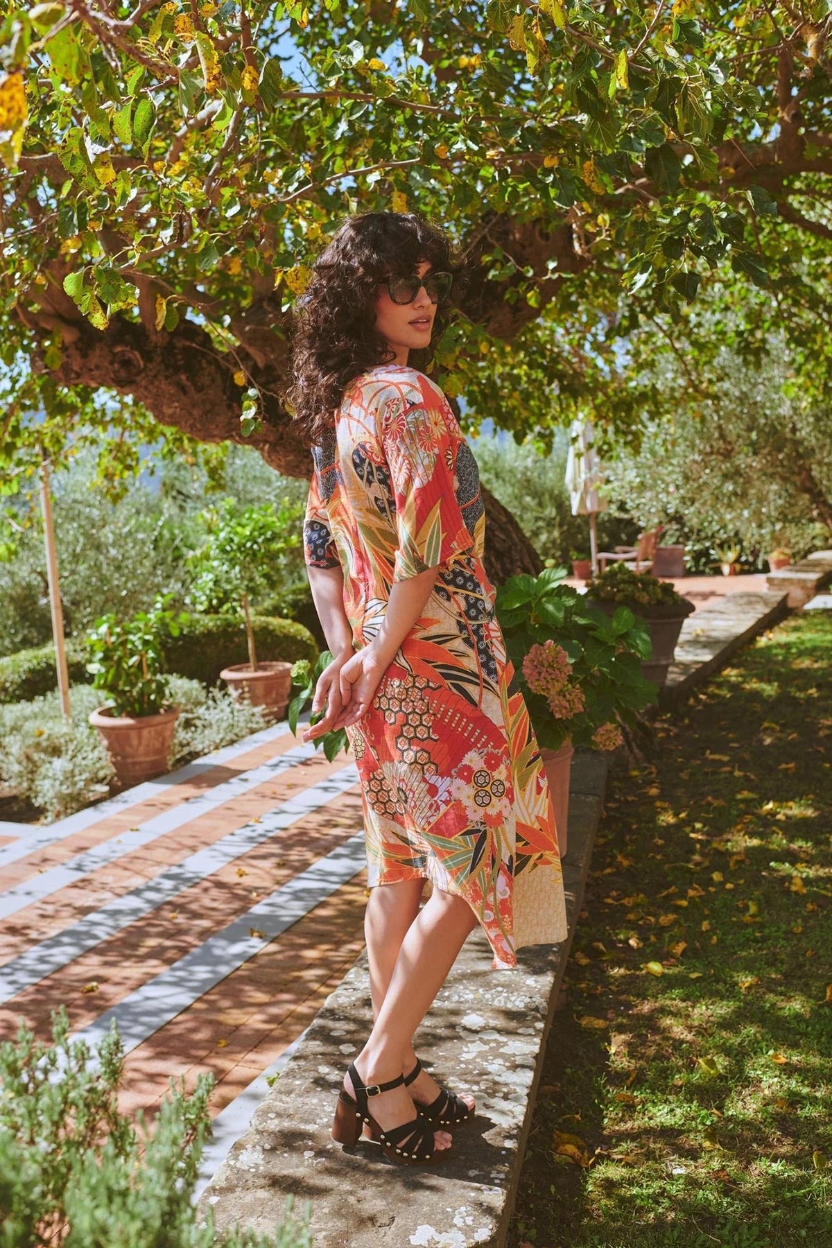 Statement obi dress in the Fans Scarlet print by One Hundred Stars
