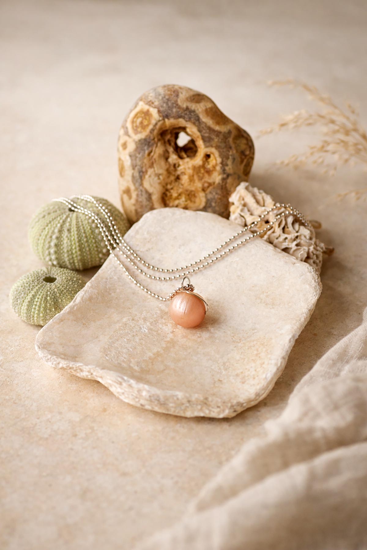 Handmade peach moonstone gemstone necklace by Twigs & Stones