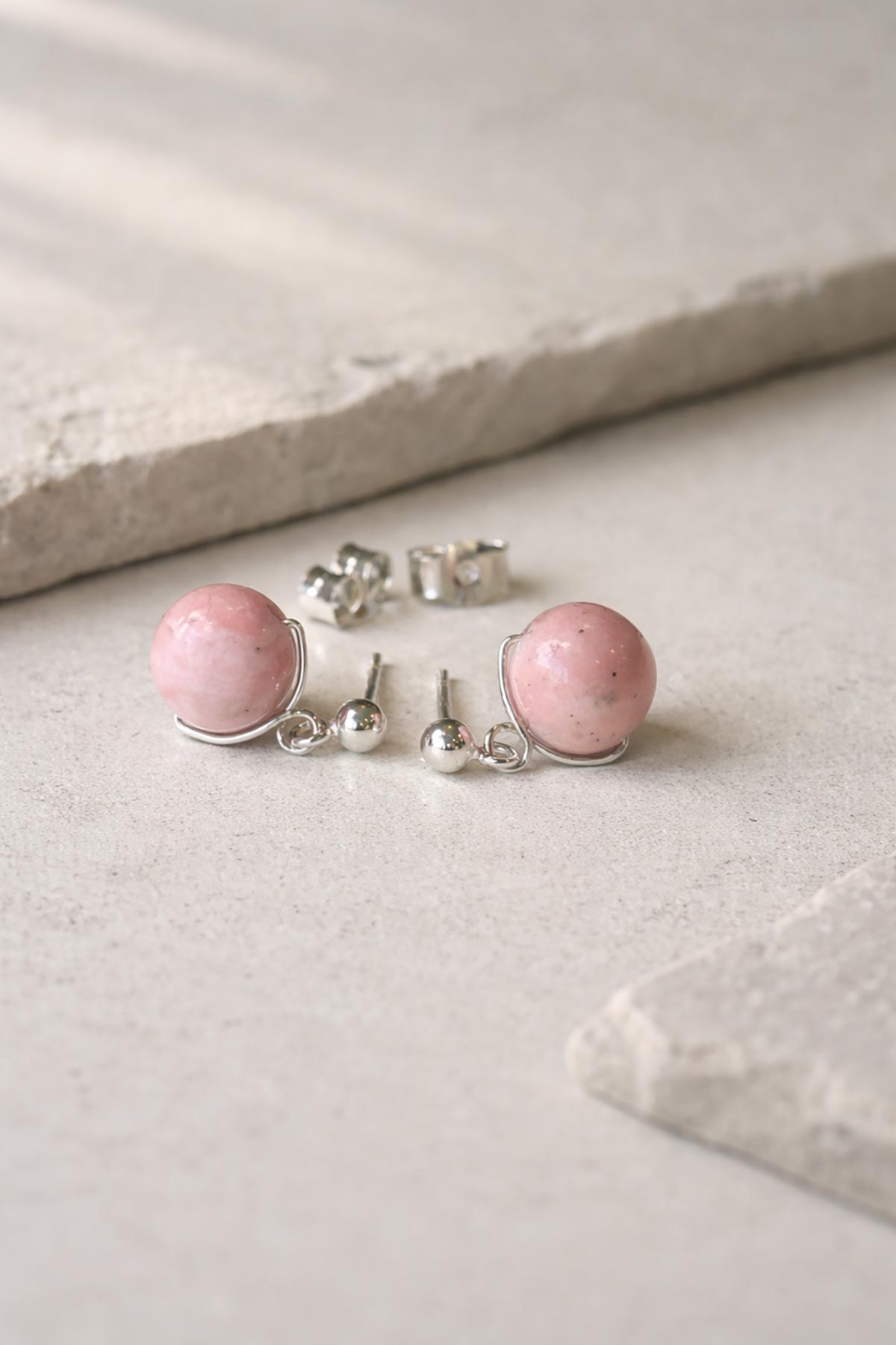 Handmade rhodochrosite stud earrings by Twigs & Stones