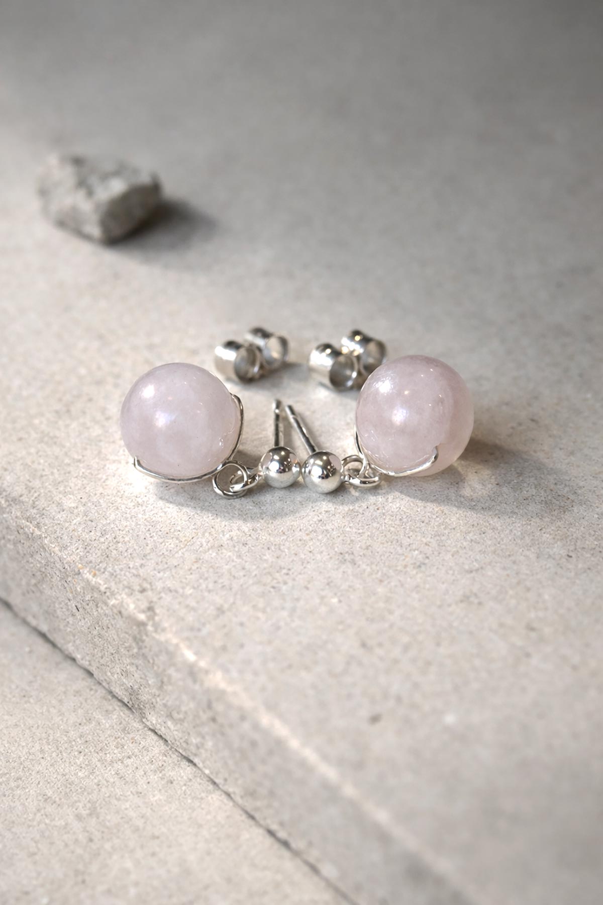 Handmade rose quartz stud earrings by Twigs & Stones