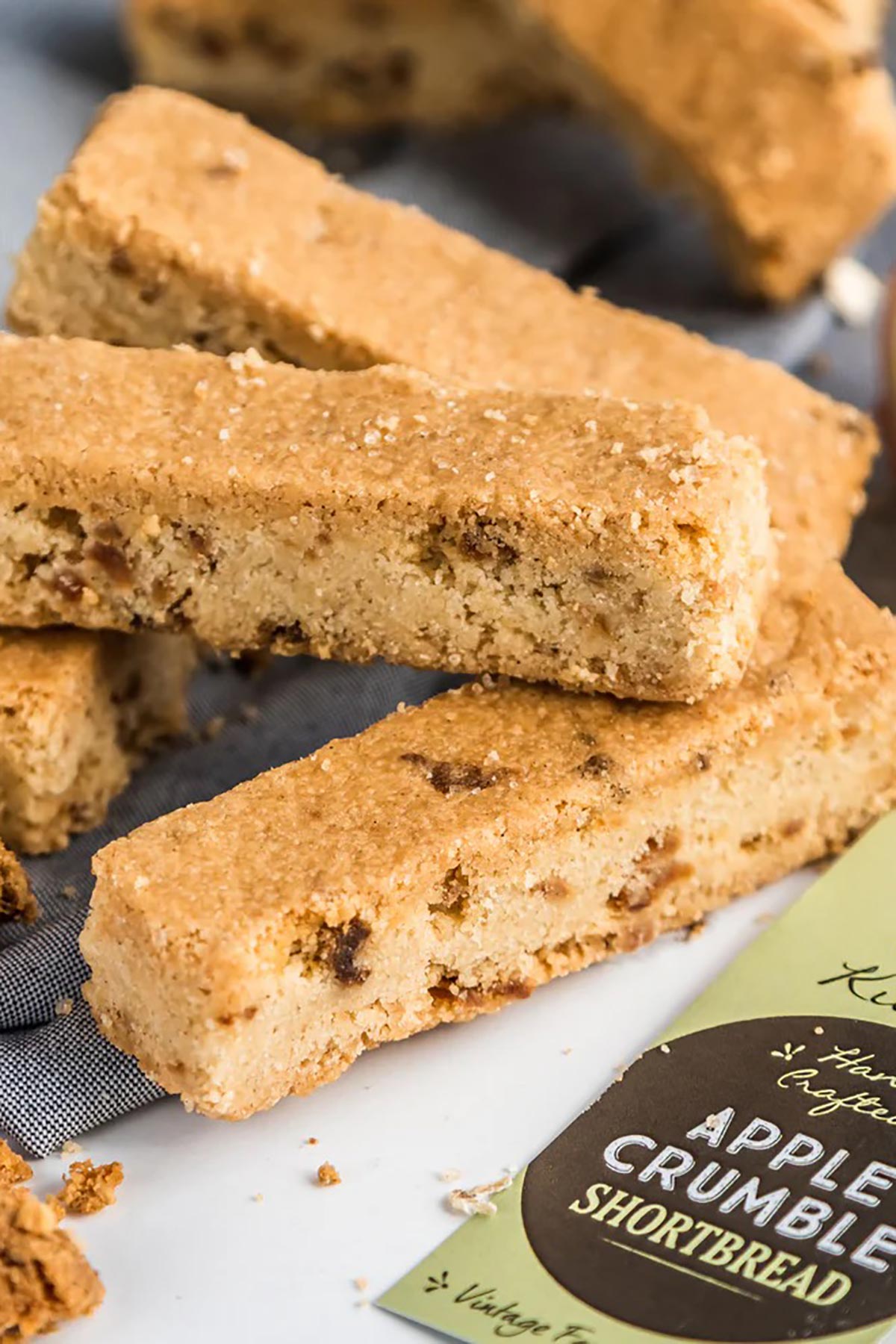 Close-up of buttery apple crumble shortbread pieces