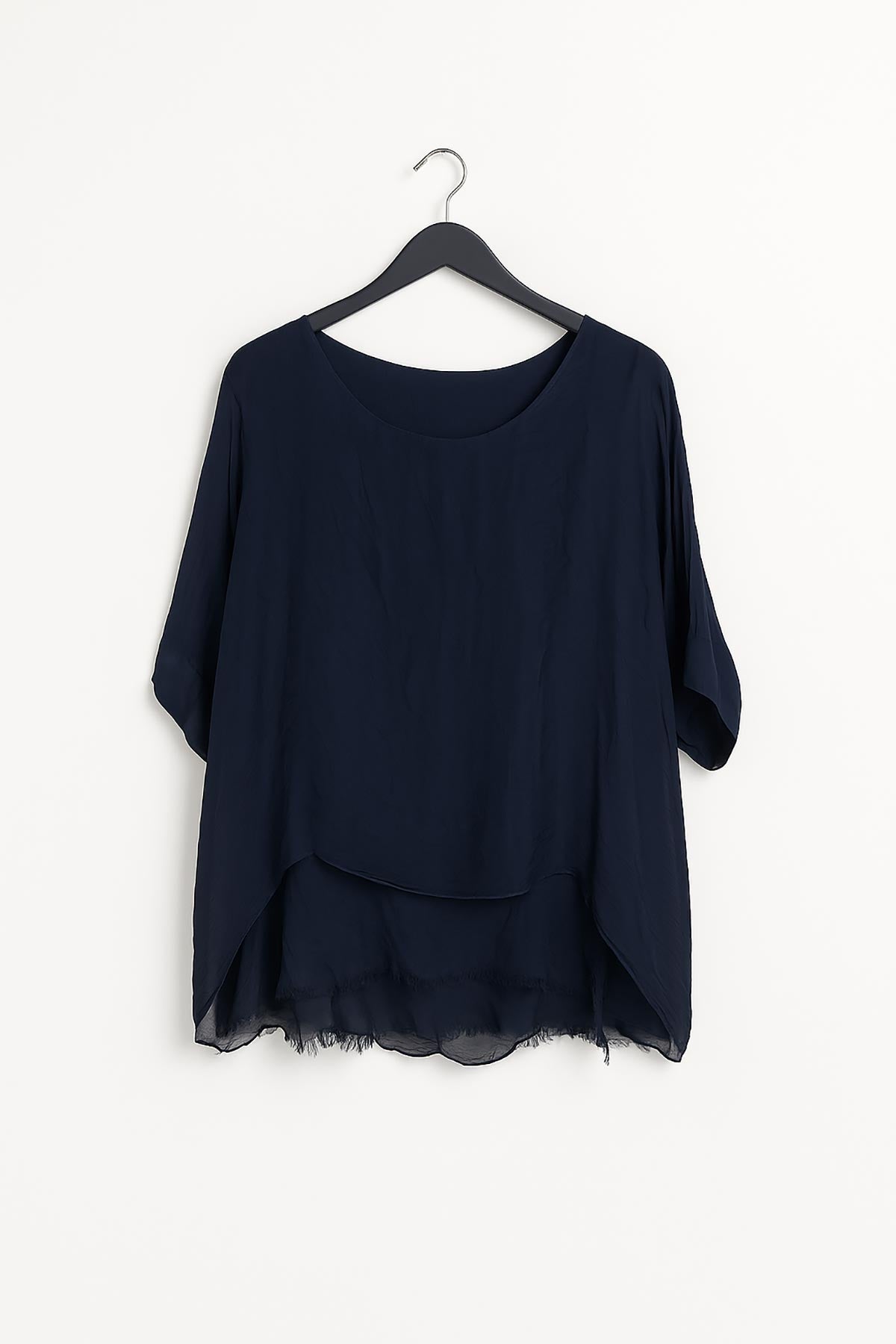 Close-up of Seren Silk Blend Top showing soft silk texture and hemline detail