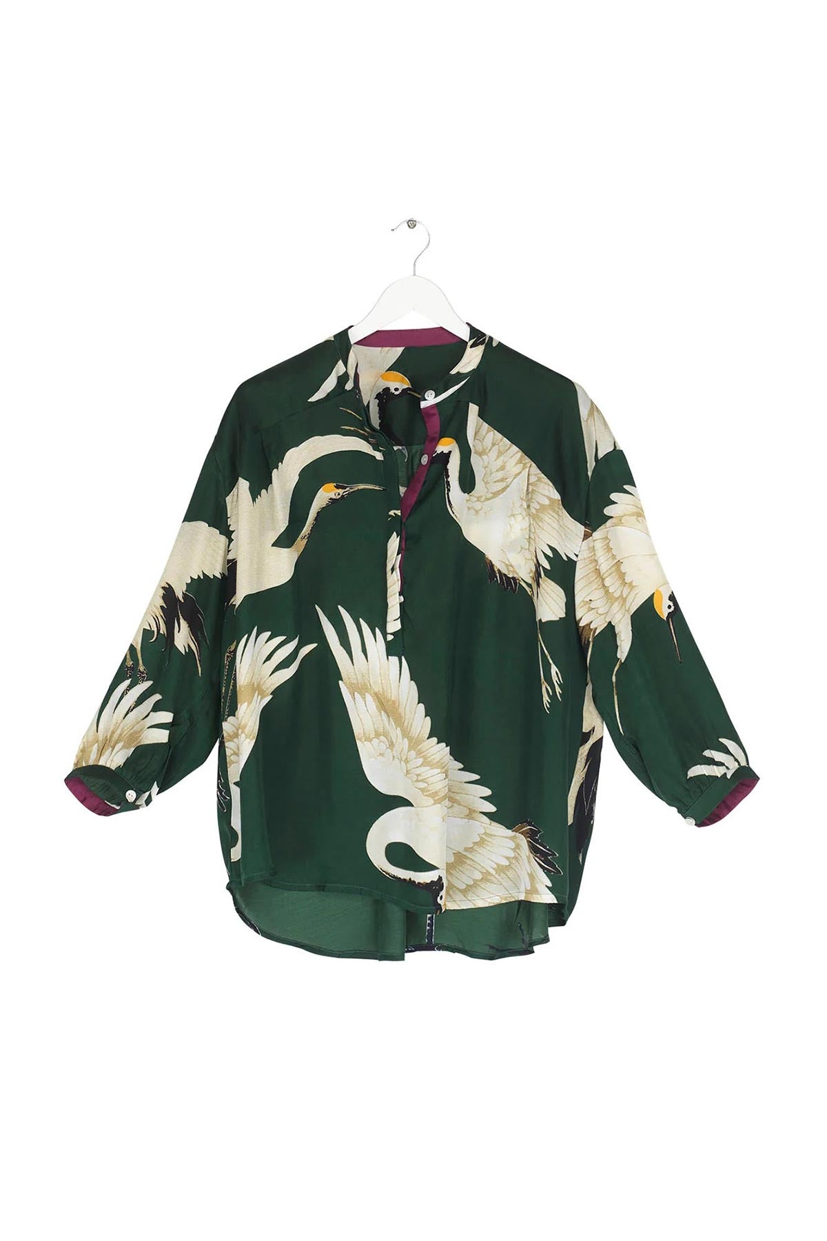 close-up detail of stork forest Darcy print shirt by One Hundred Stars – available at Urban Wild