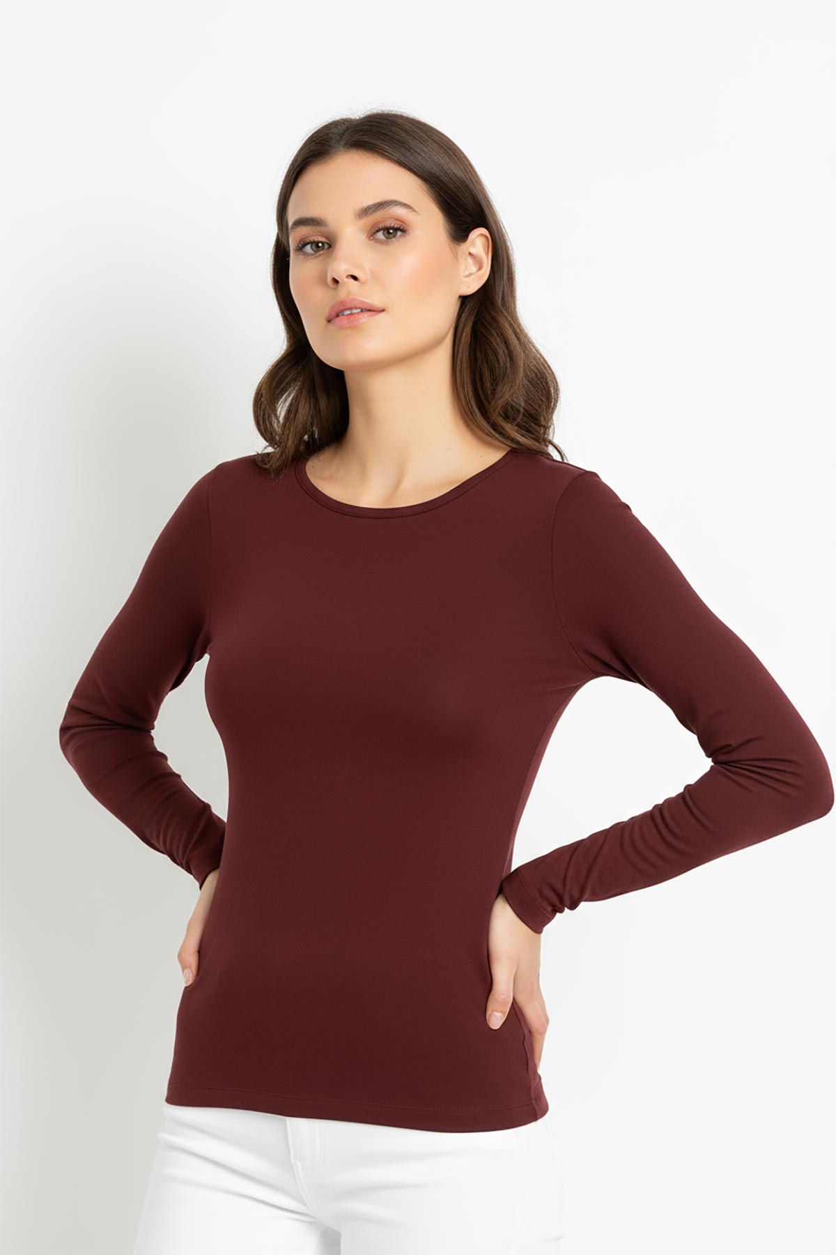 Sienna Soft Touch Cashmere Blend Top styled with jeans – long sleeve cashmere blend top