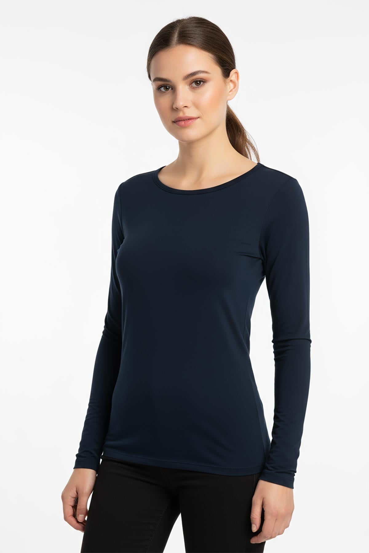 Sienna Soft Touch Cashmere Blend Top styled with trousers – long sleeve navy top