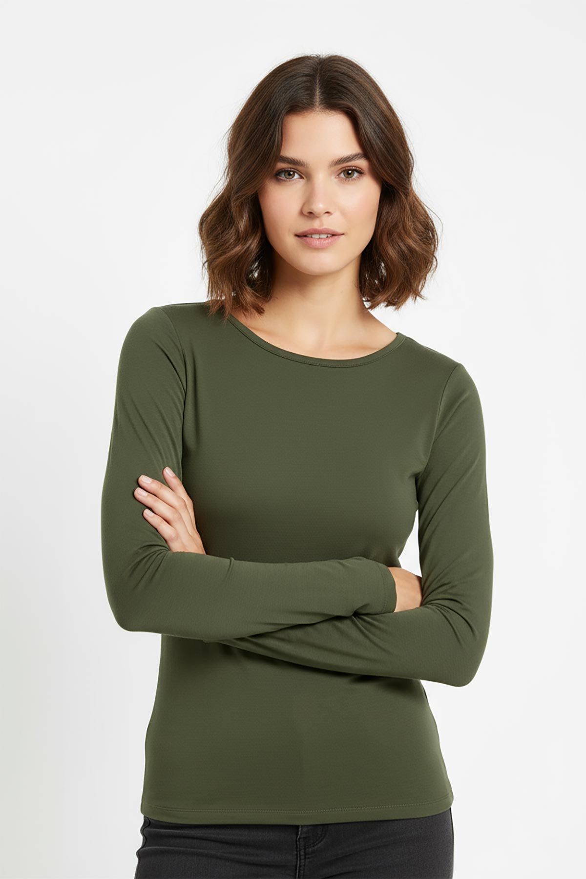 Sienna Soft Touch Cashmere Blend Top styled casually – long sleeve olive top